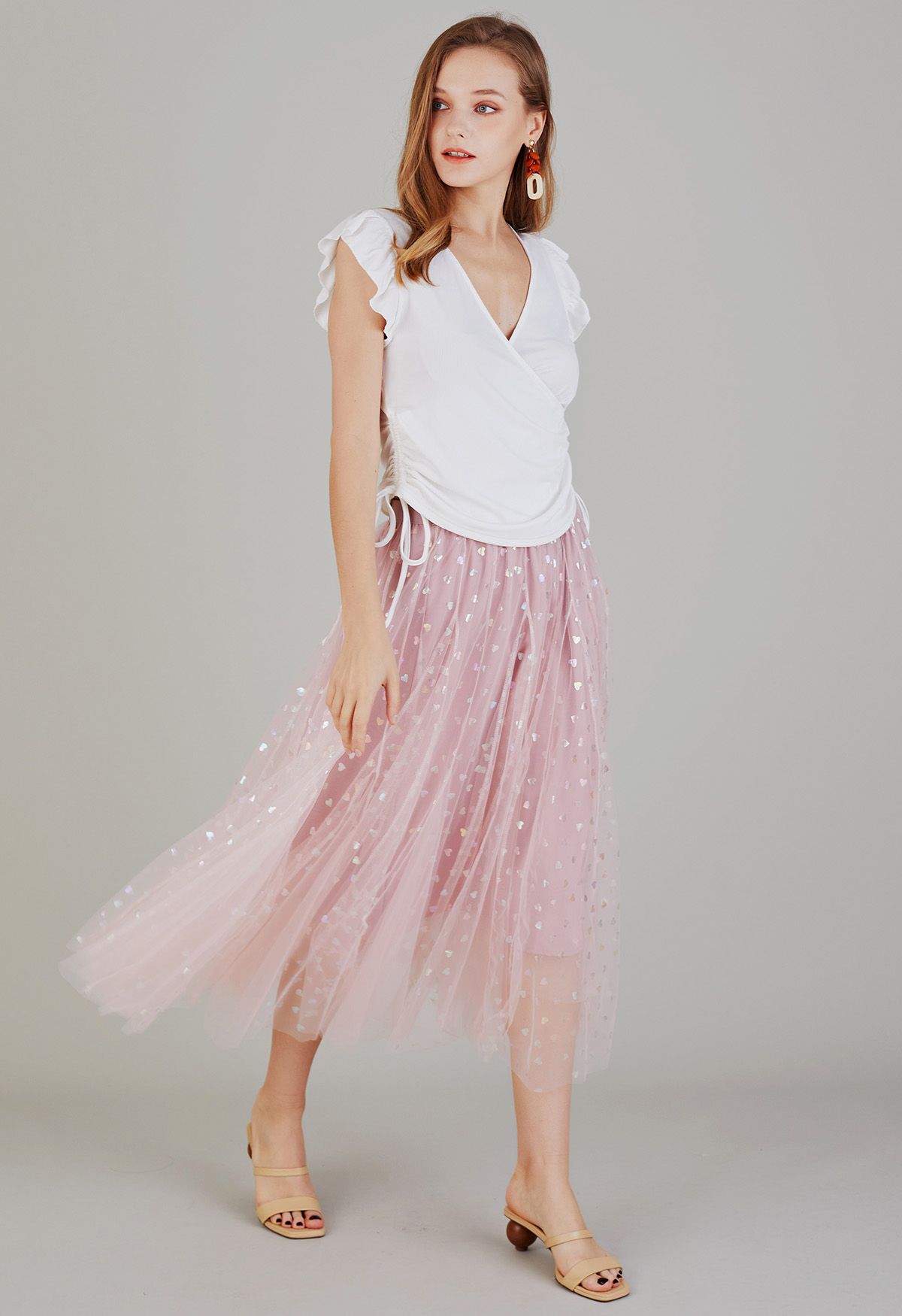 Iridescent Hearts Mesh Tulle Midi Skirt in Pink