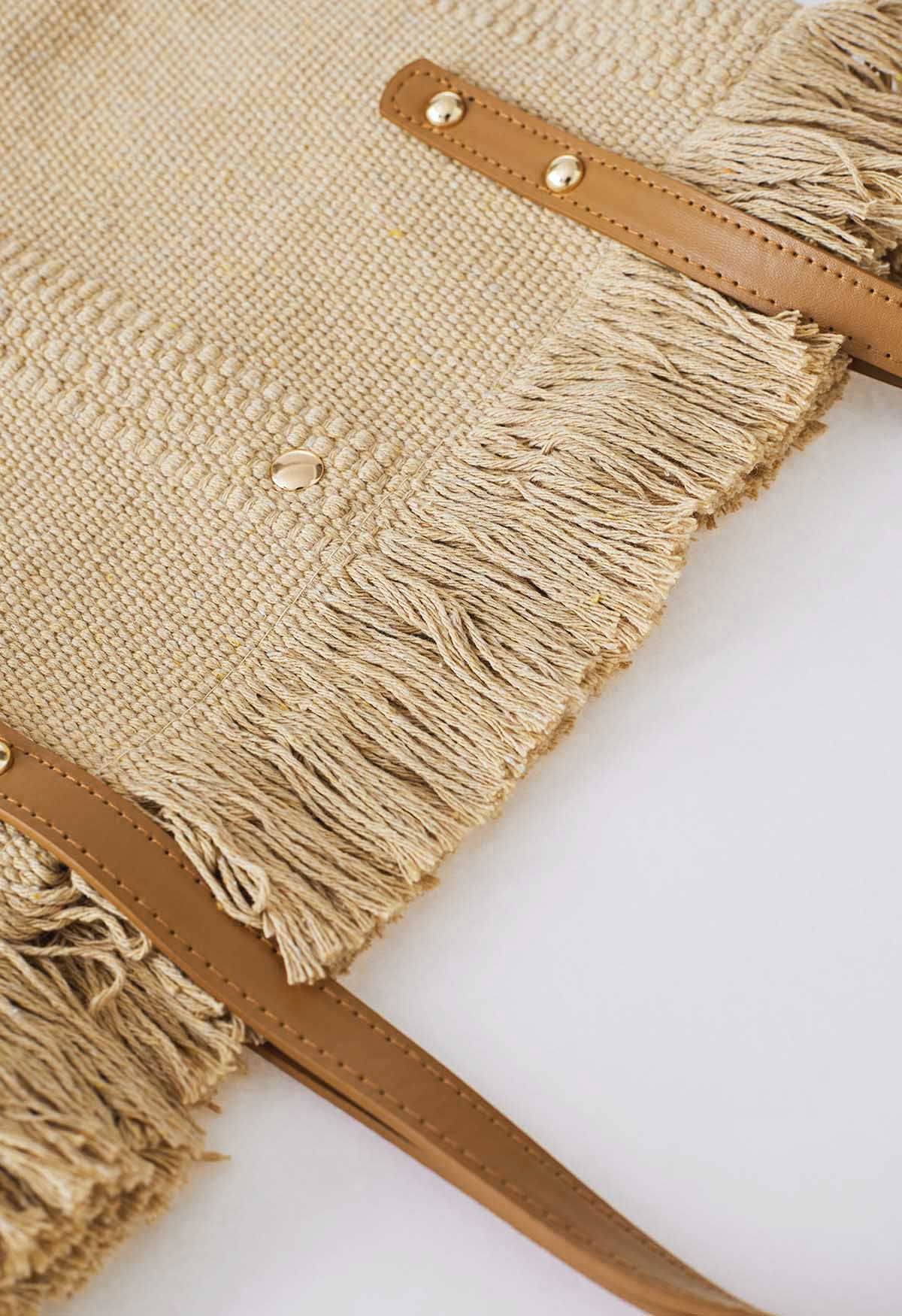 Tassel Trim Canvas Tote Bag in Khaki