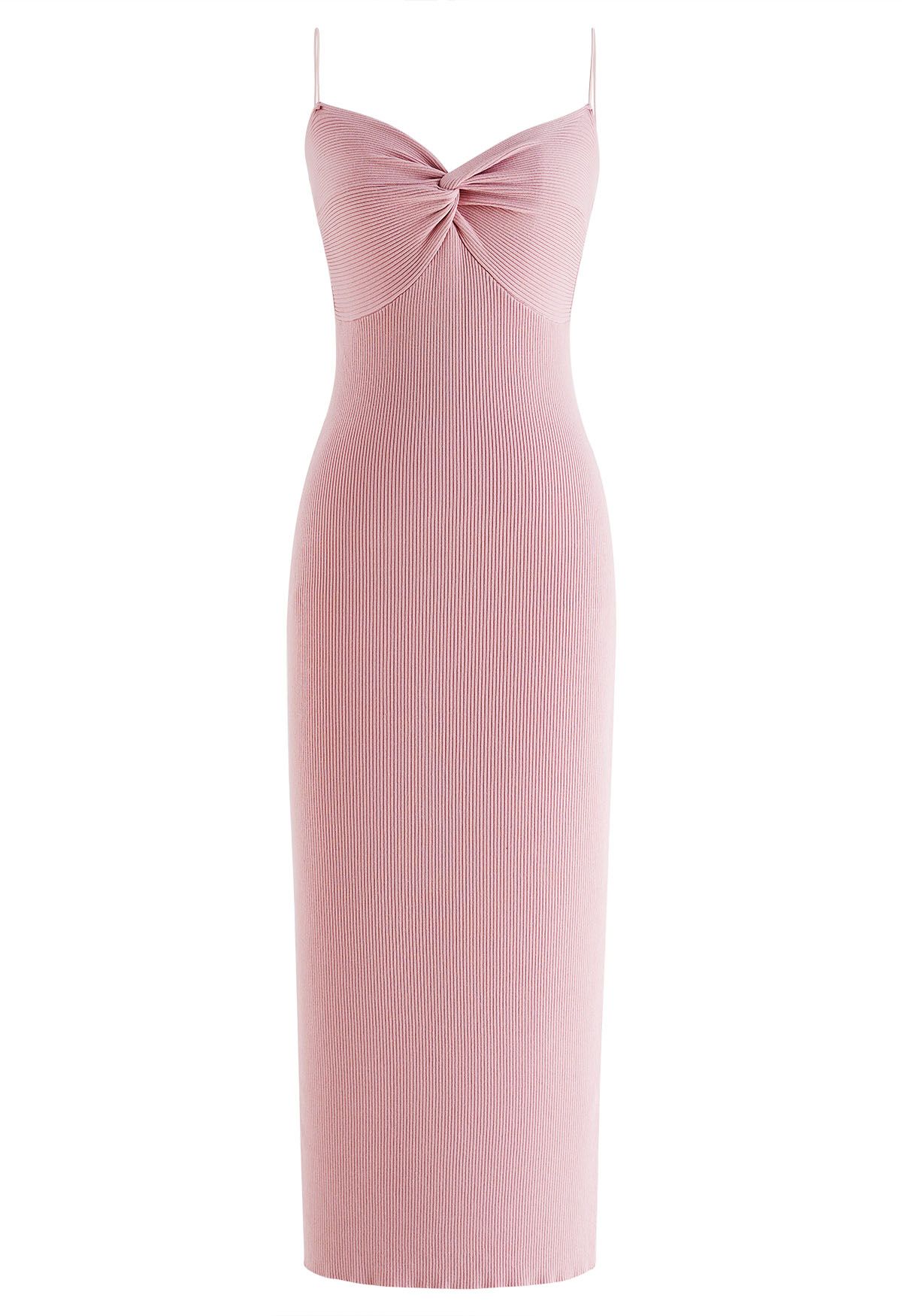 Twist Front Bodycon Knit Cami Dress in Pink