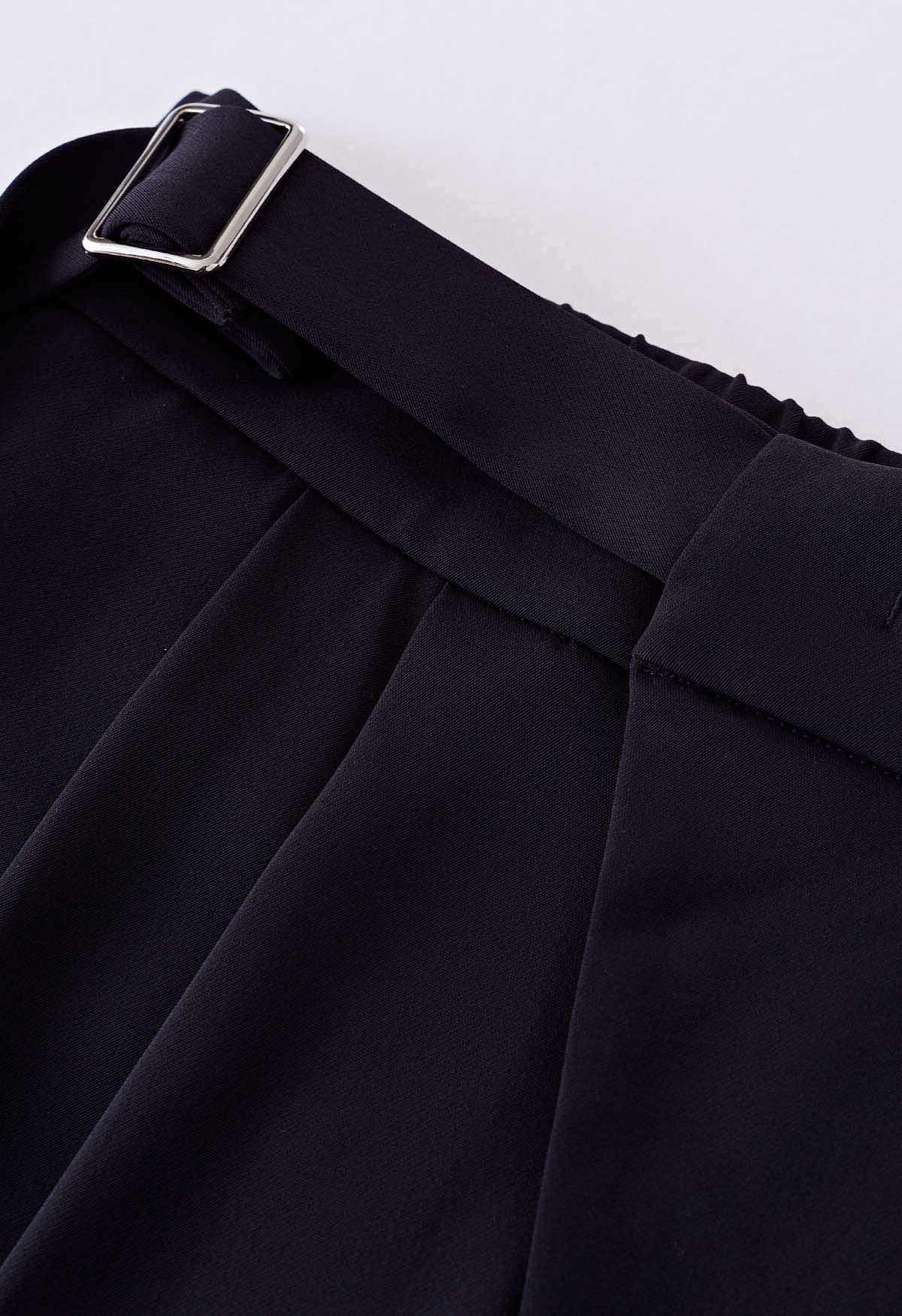 Belted Pleated Straight-Leg Pants in Black