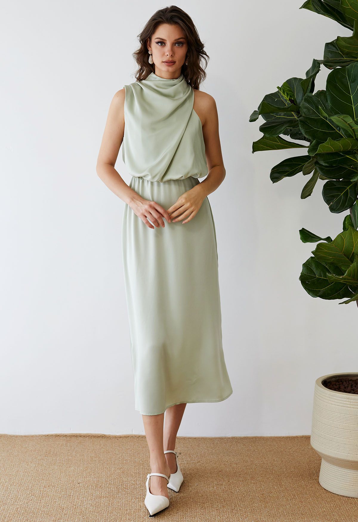 Asymmetric Ruched Neckline Sleeveless Dress in Pistachio