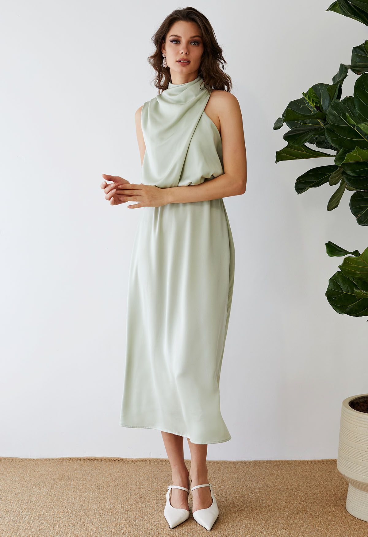 Asymmetric Ruched Neckline Sleeveless Dress in Pistachio