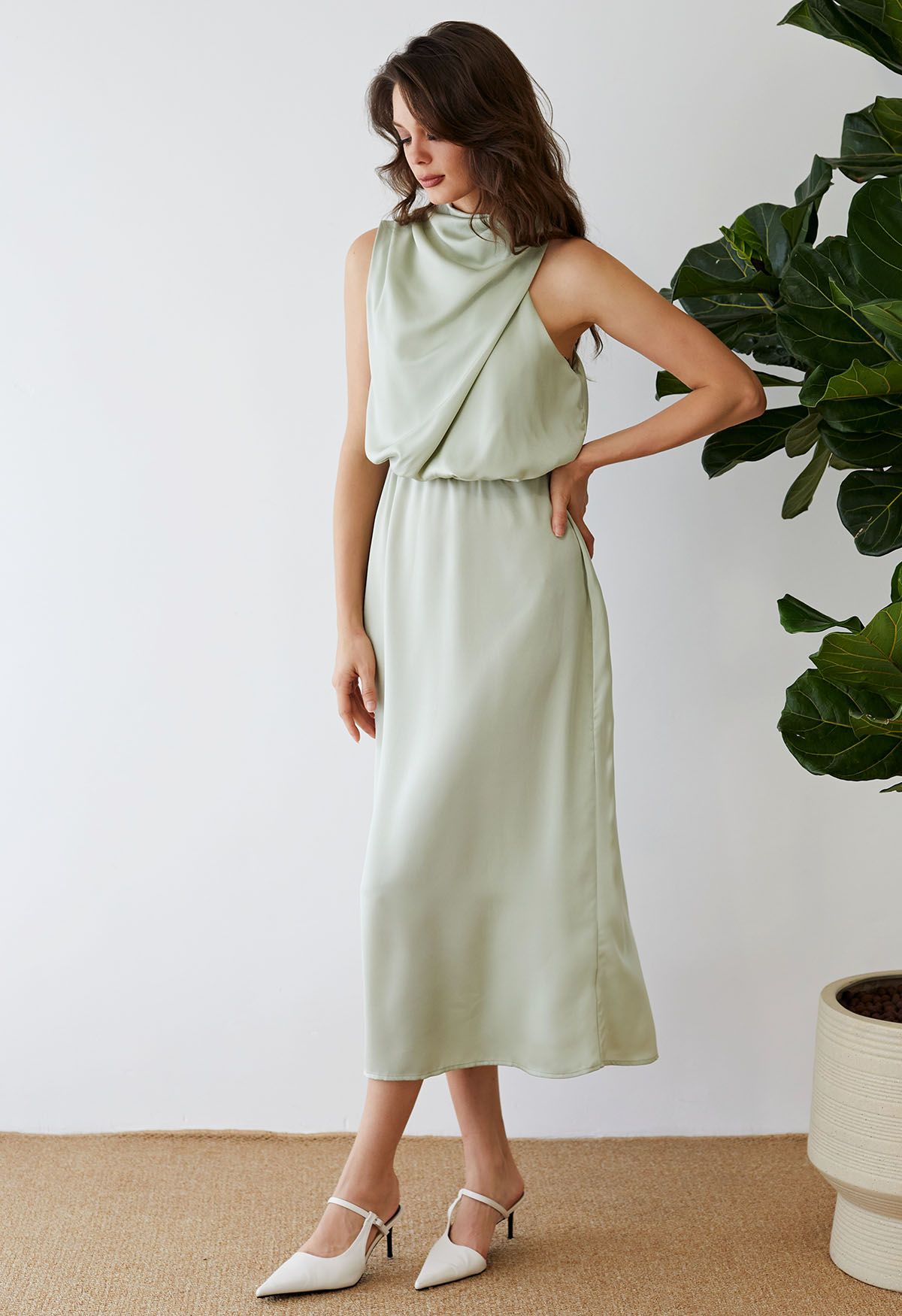 Asymmetric Ruched Neckline Sleeveless Dress in Pistachio