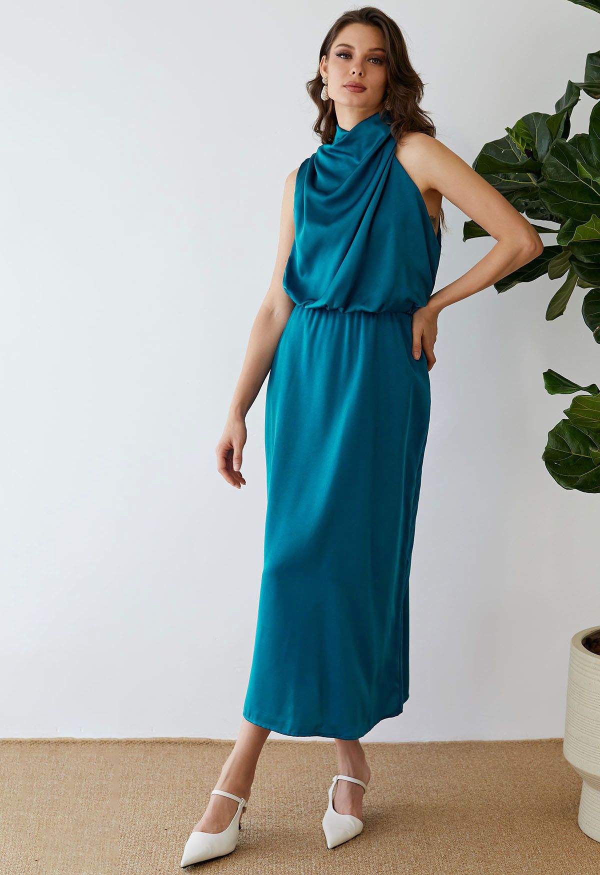 Asymmetric Ruched Neckline Sleeveless Dress in Teal