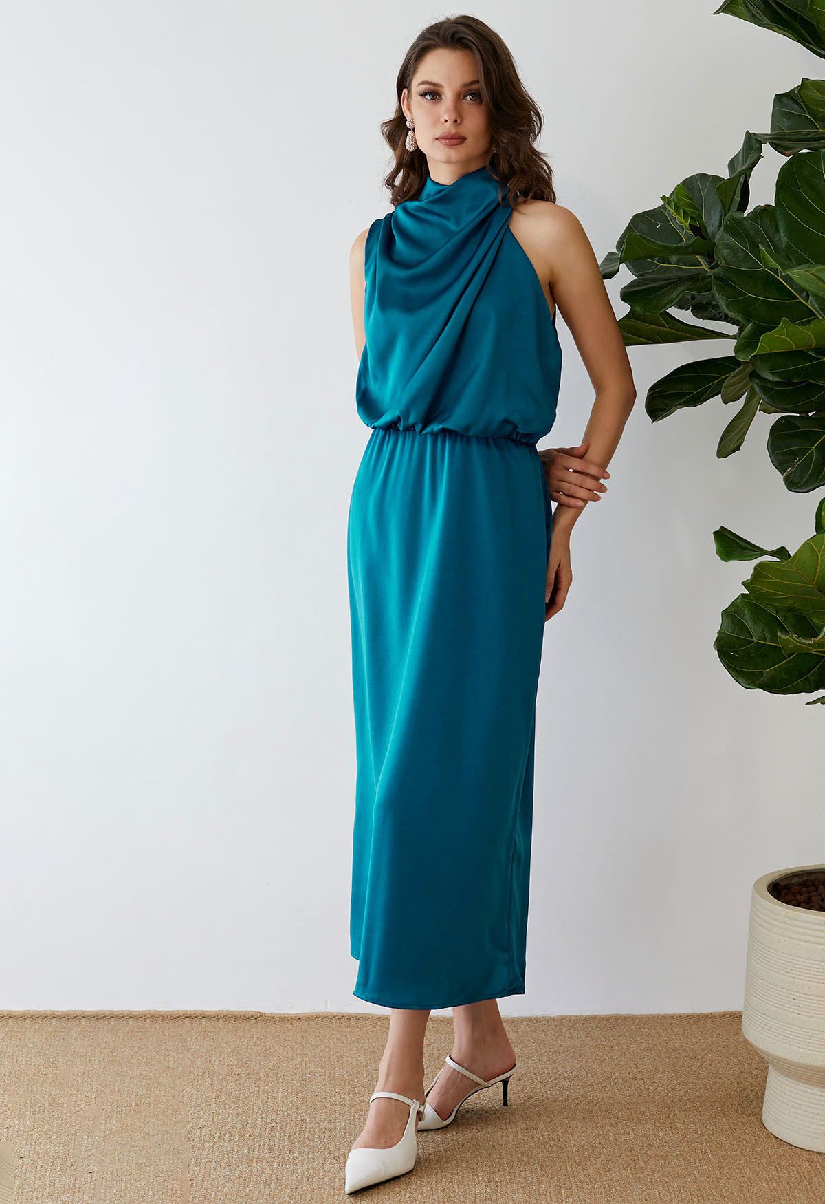 Asymmetric Ruched Neckline Sleeveless Dress in Teal