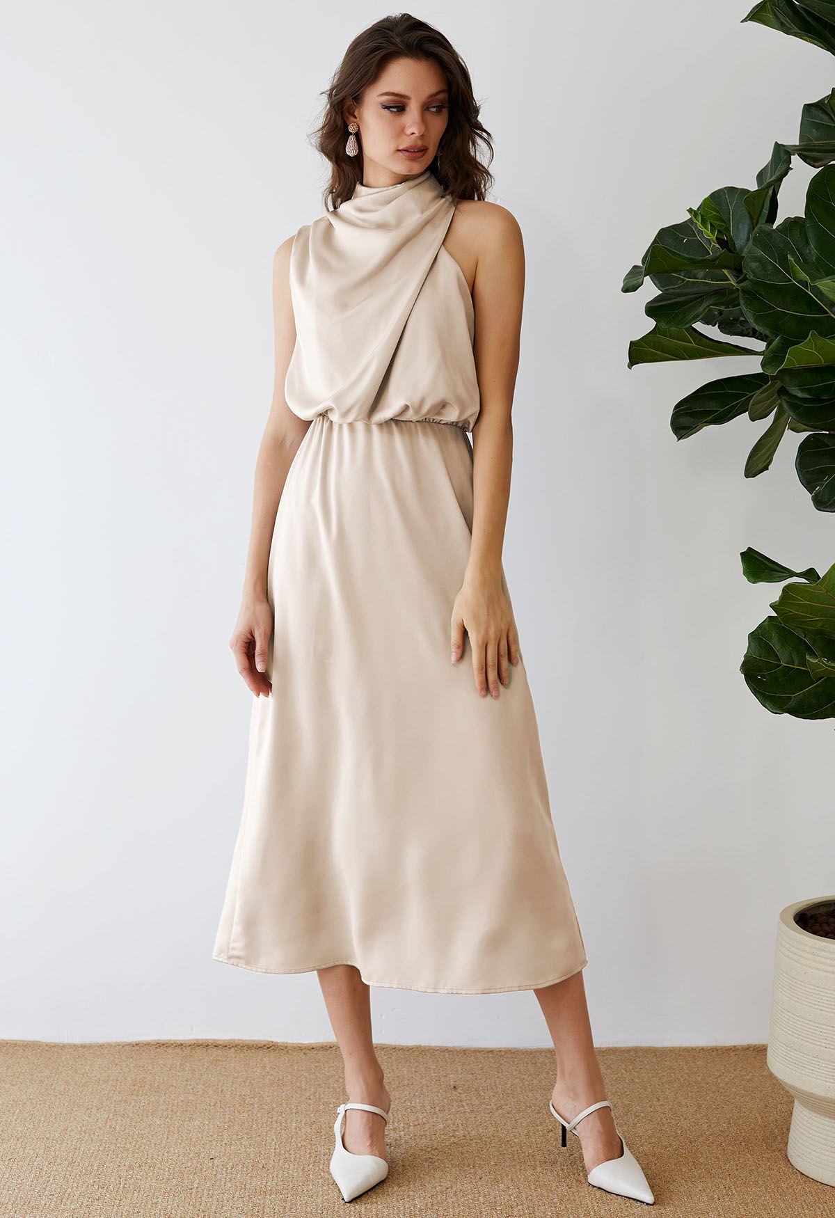 Asymmetric Ruched Neckline Sleeveless Dress in Apricot