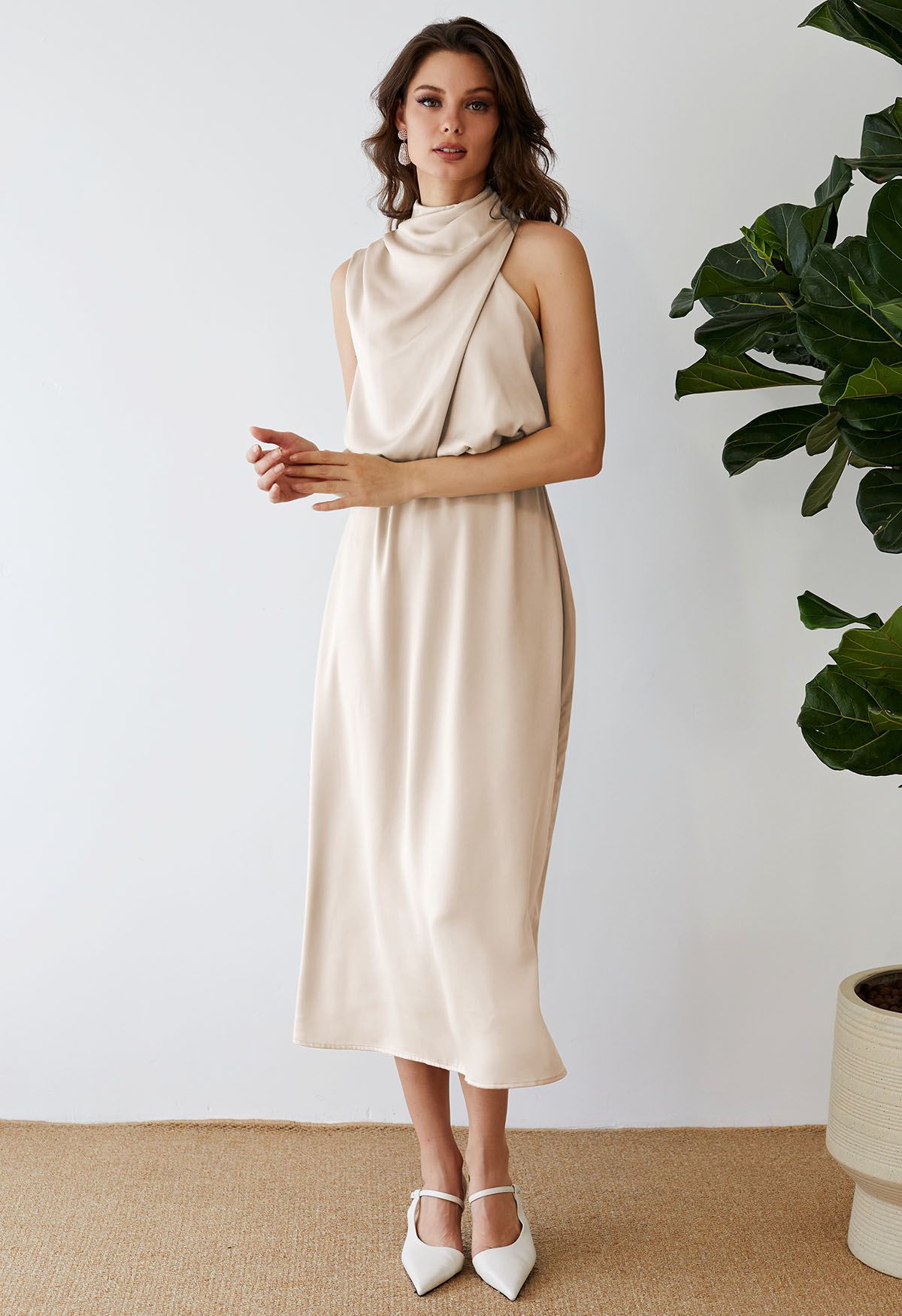 Asymmetric Ruched Neckline Sleeveless Dress in Apricot