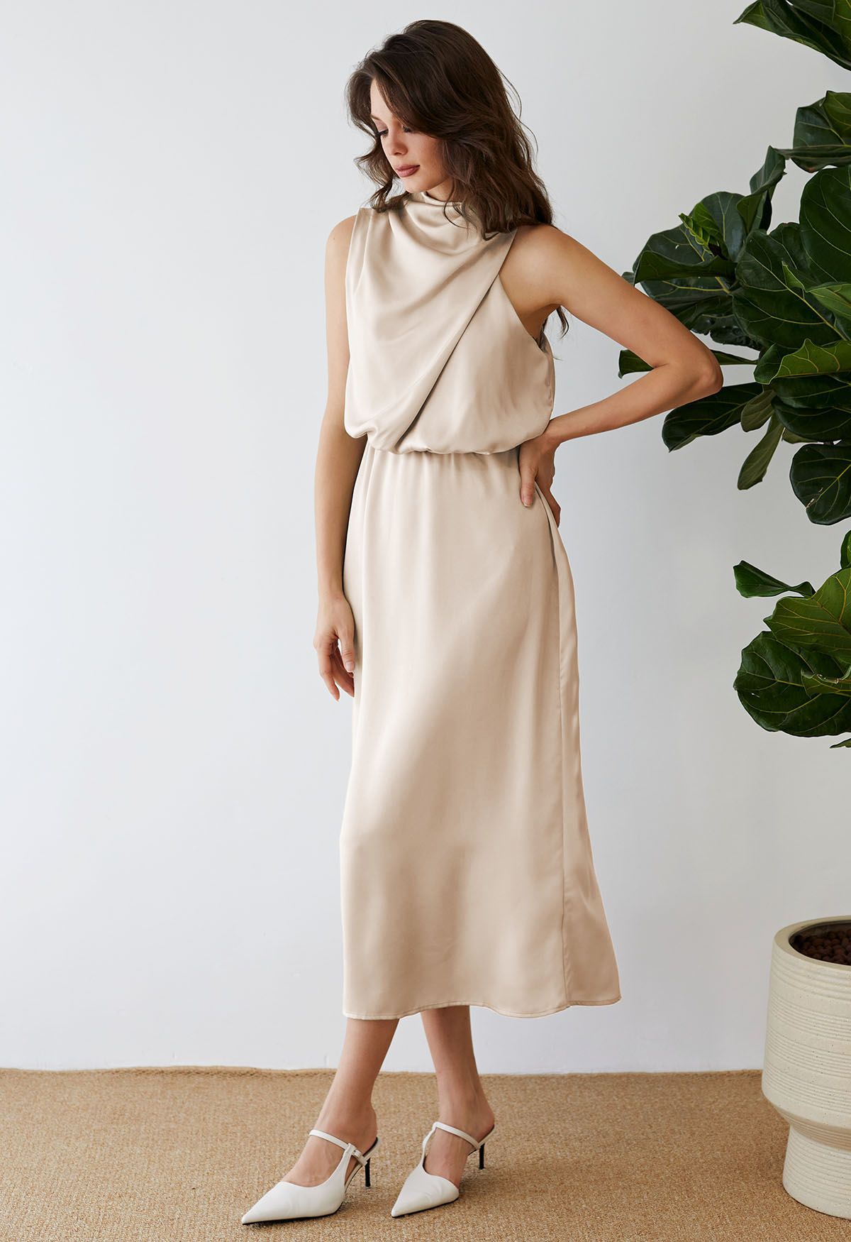 Asymmetric Ruched Neckline Sleeveless Dress in Apricot