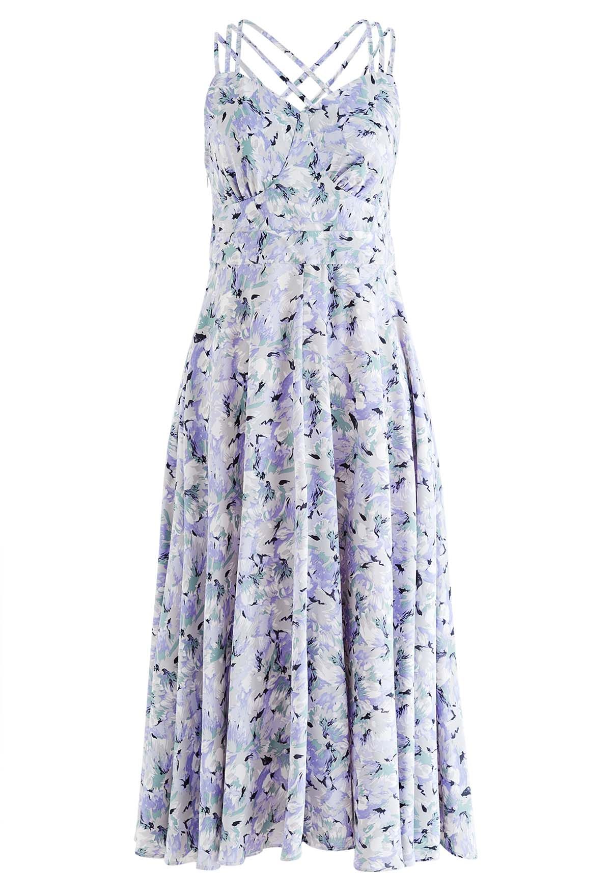 Cross Open Back Floral Printed Cami Midi Dress in Lavender