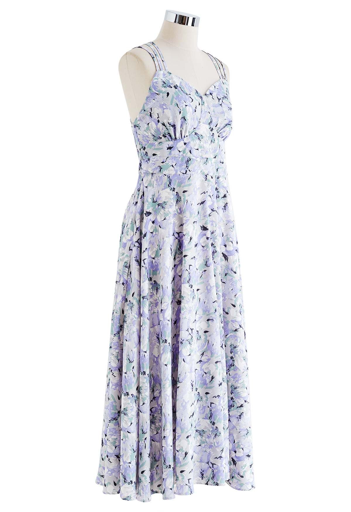 Cross Open Back Floral Printed Cami Midi Dress in Lavender