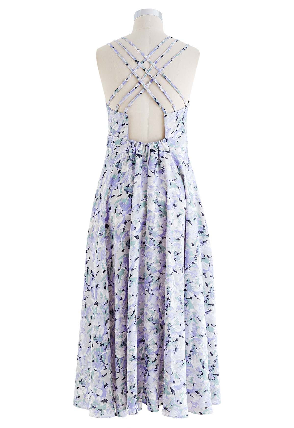 Cross Open Back Floral Printed Cami Midi Dress in Lavender