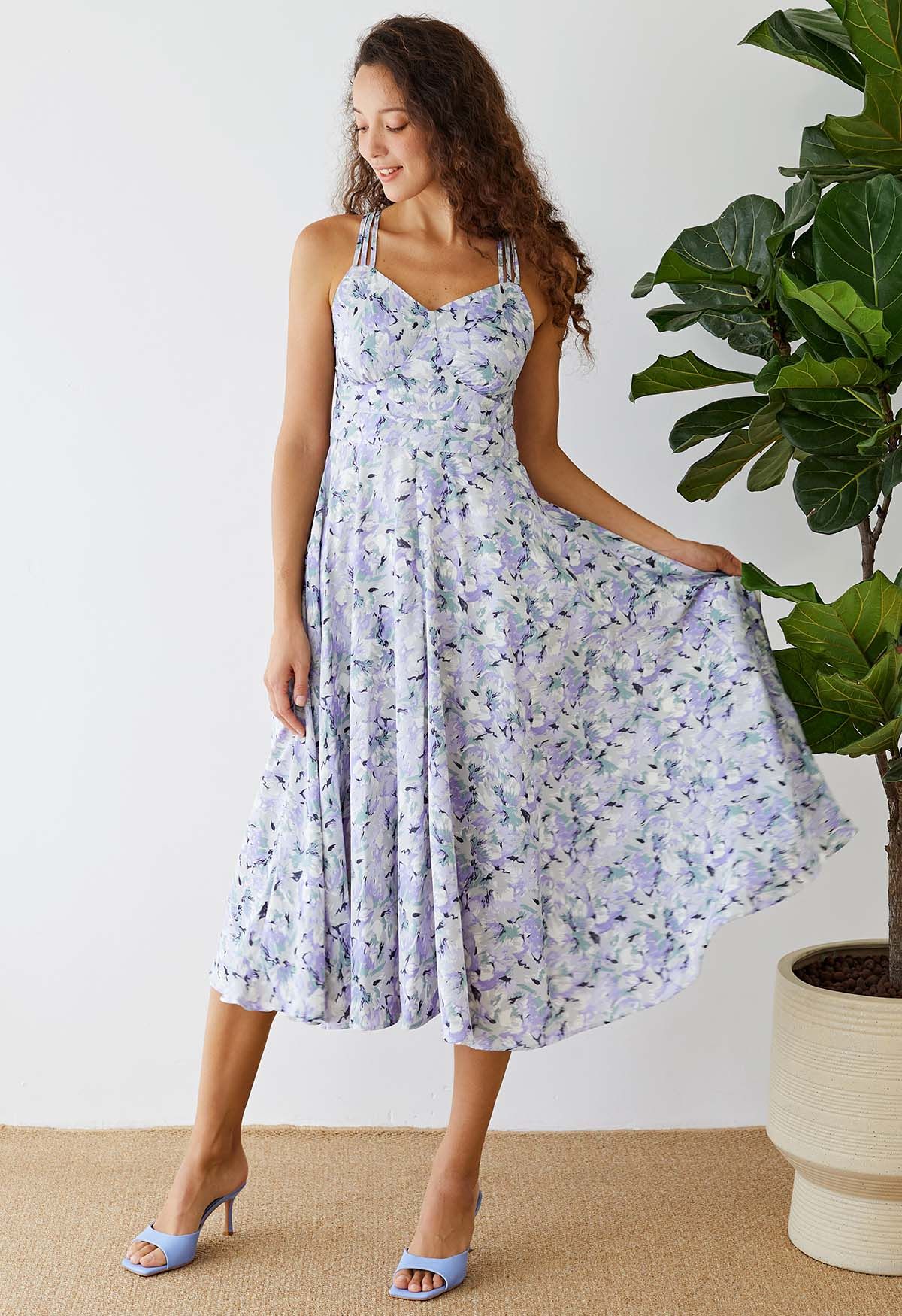 Cross Open Back Floral Printed Cami Midi Dress in Lavender