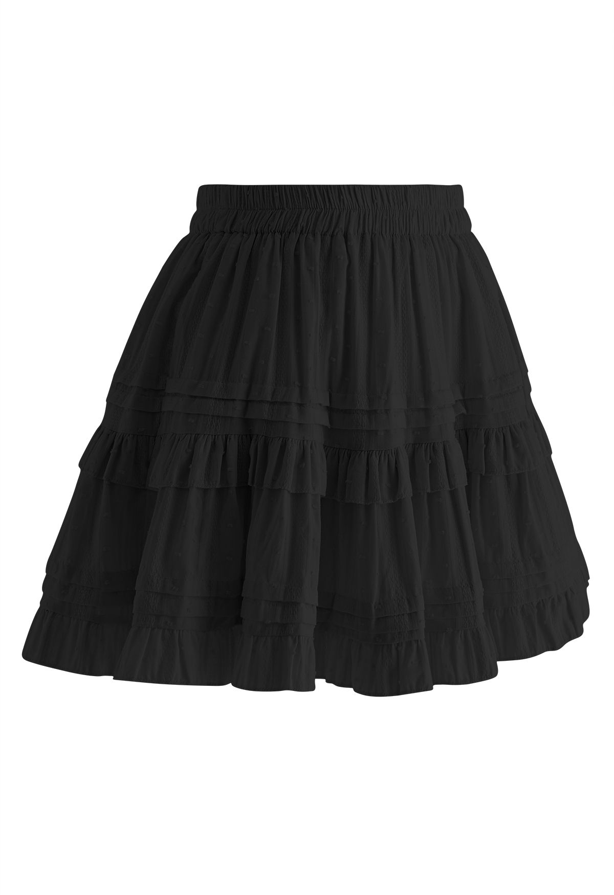 Flock Dot Tiered Ruffle Mini Skirt in Black