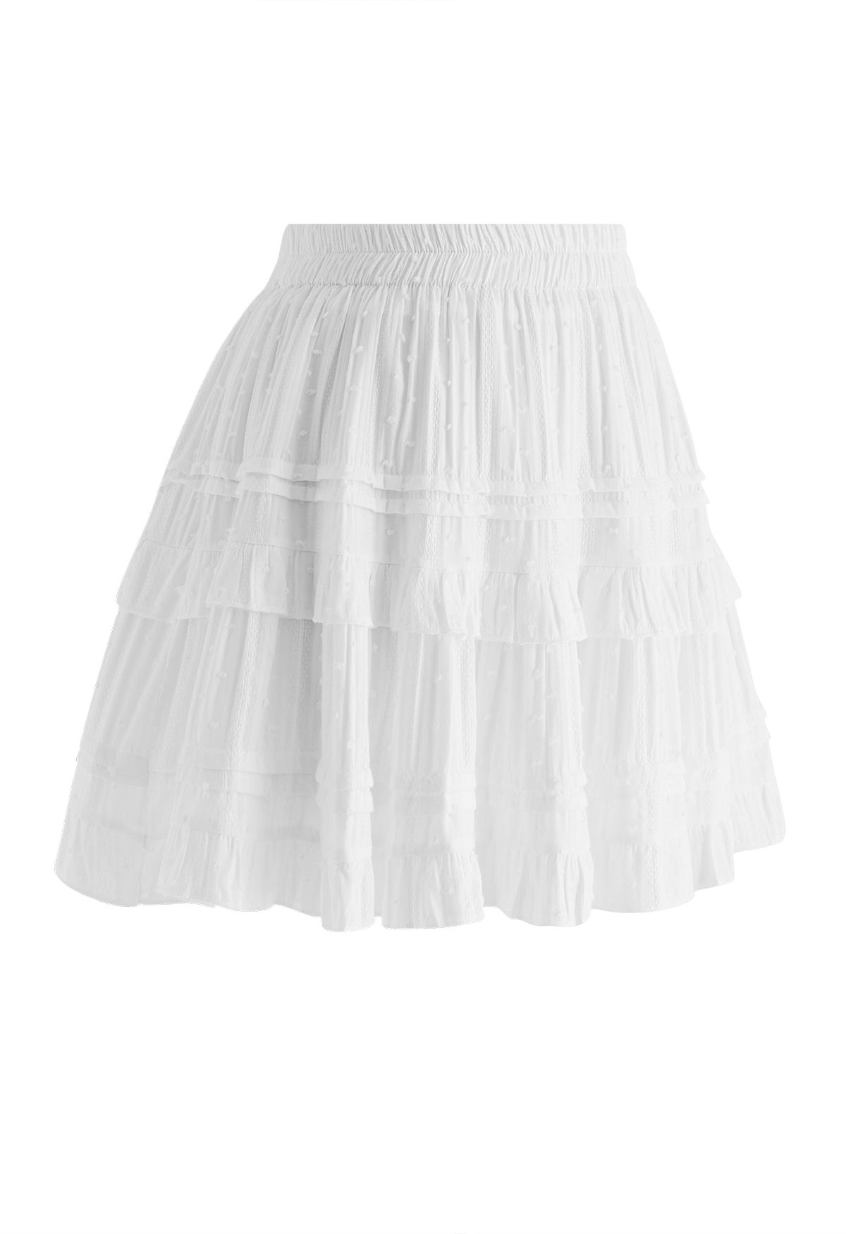 Flock Dot Tiered Ruffle Mini Skirt in White