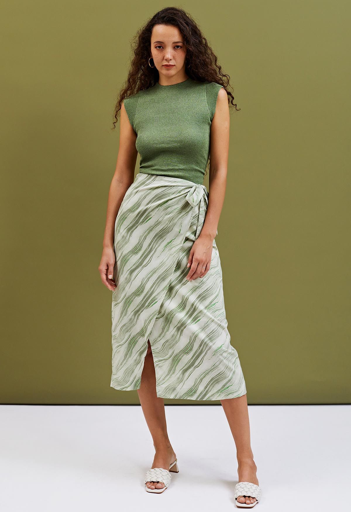 Marble Print Tie Waist Flap Midi Skirt in Green