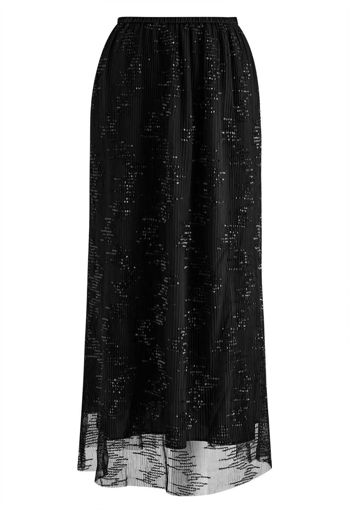 Sequin Embellished Mesh Maxi Skirt in Black