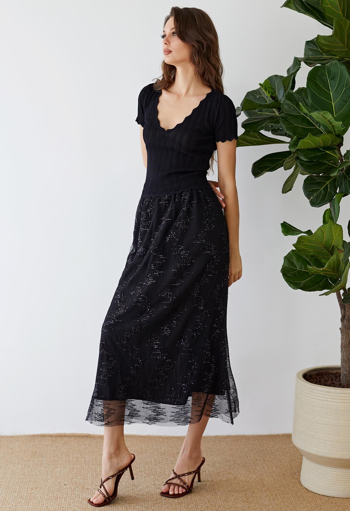 Sequin Embellished Mesh Maxi Skirt in Black