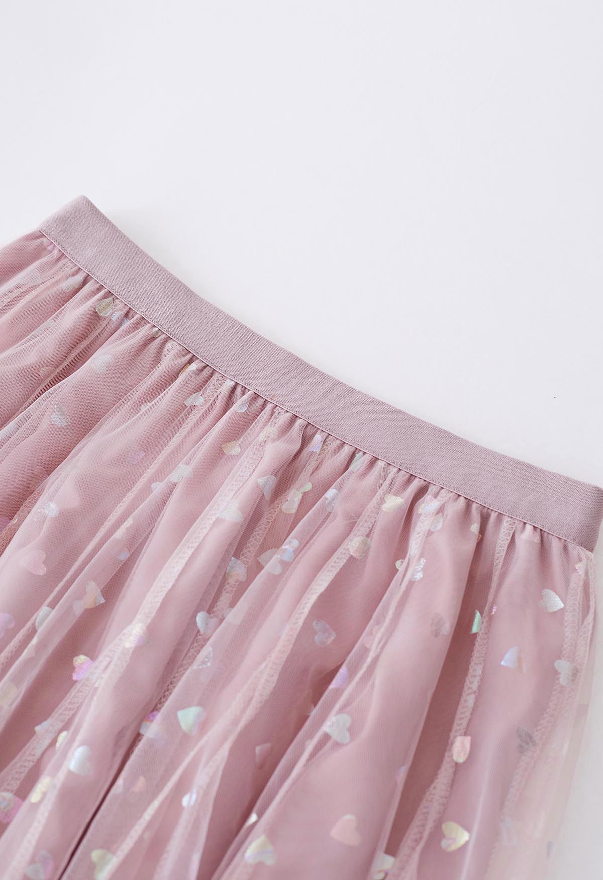 Iridescent Hearts Mesh Tulle Midi Skirt in Pink
