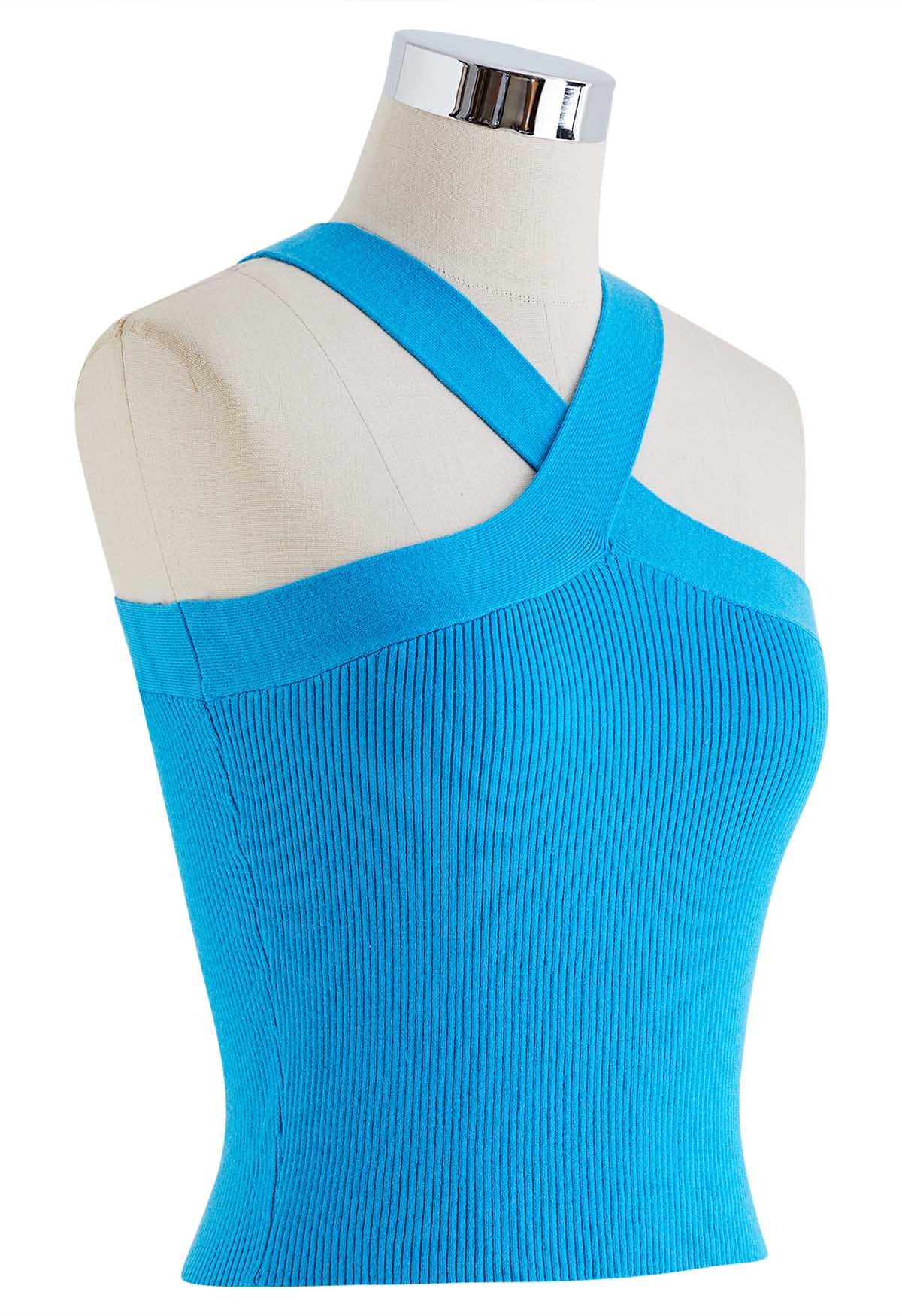 Criss Cross Straps Halter Knit Top in Blue