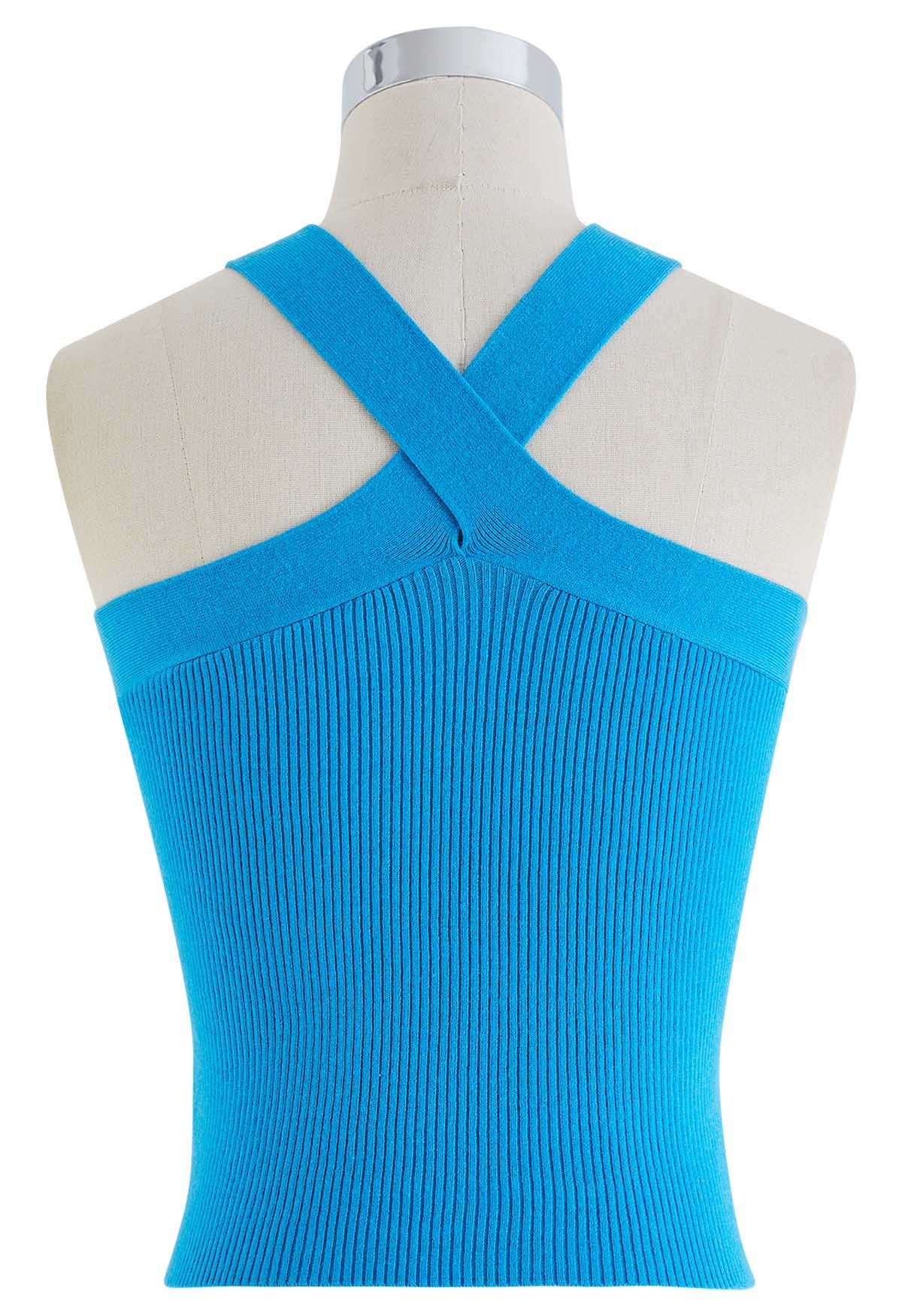 Criss Cross Straps Halter Knit Top in Blue