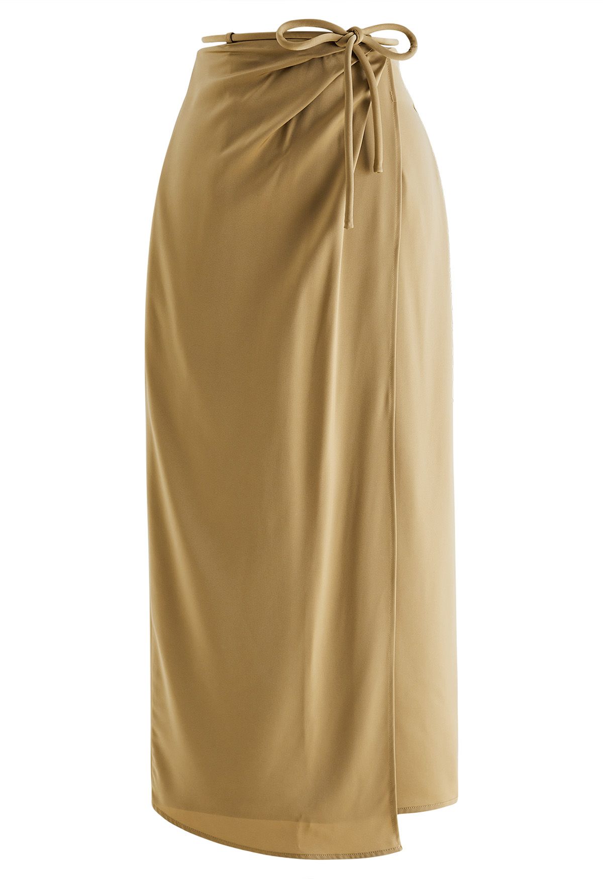 Tie Waist Asymmetric Flap Satin Midi Skirt in Camel