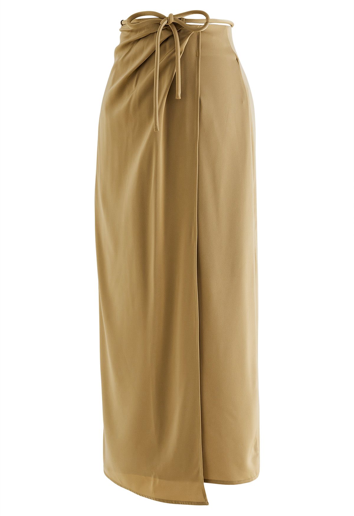 Tie Waist Asymmetric Flap Satin Midi Skirt in Camel