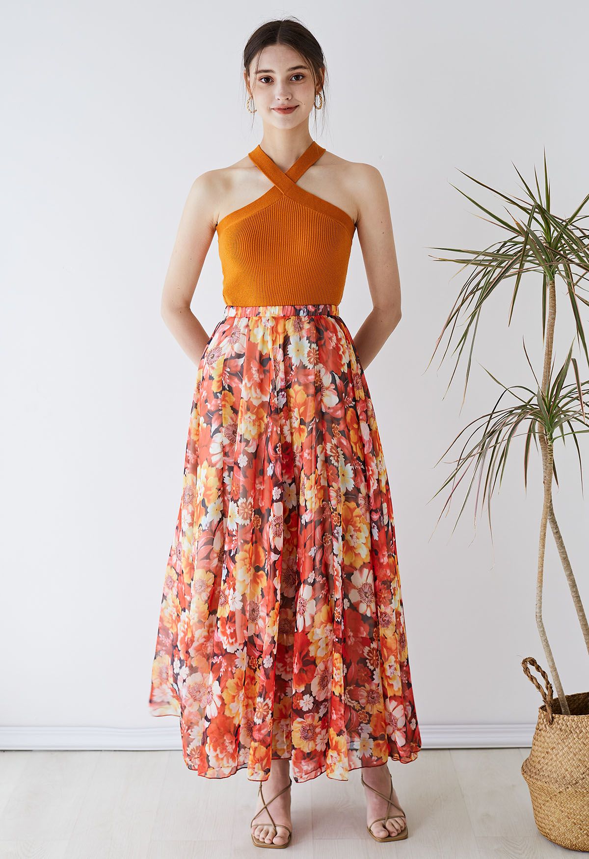 Reddish Flower Printed Chiffon Maxi Skirt