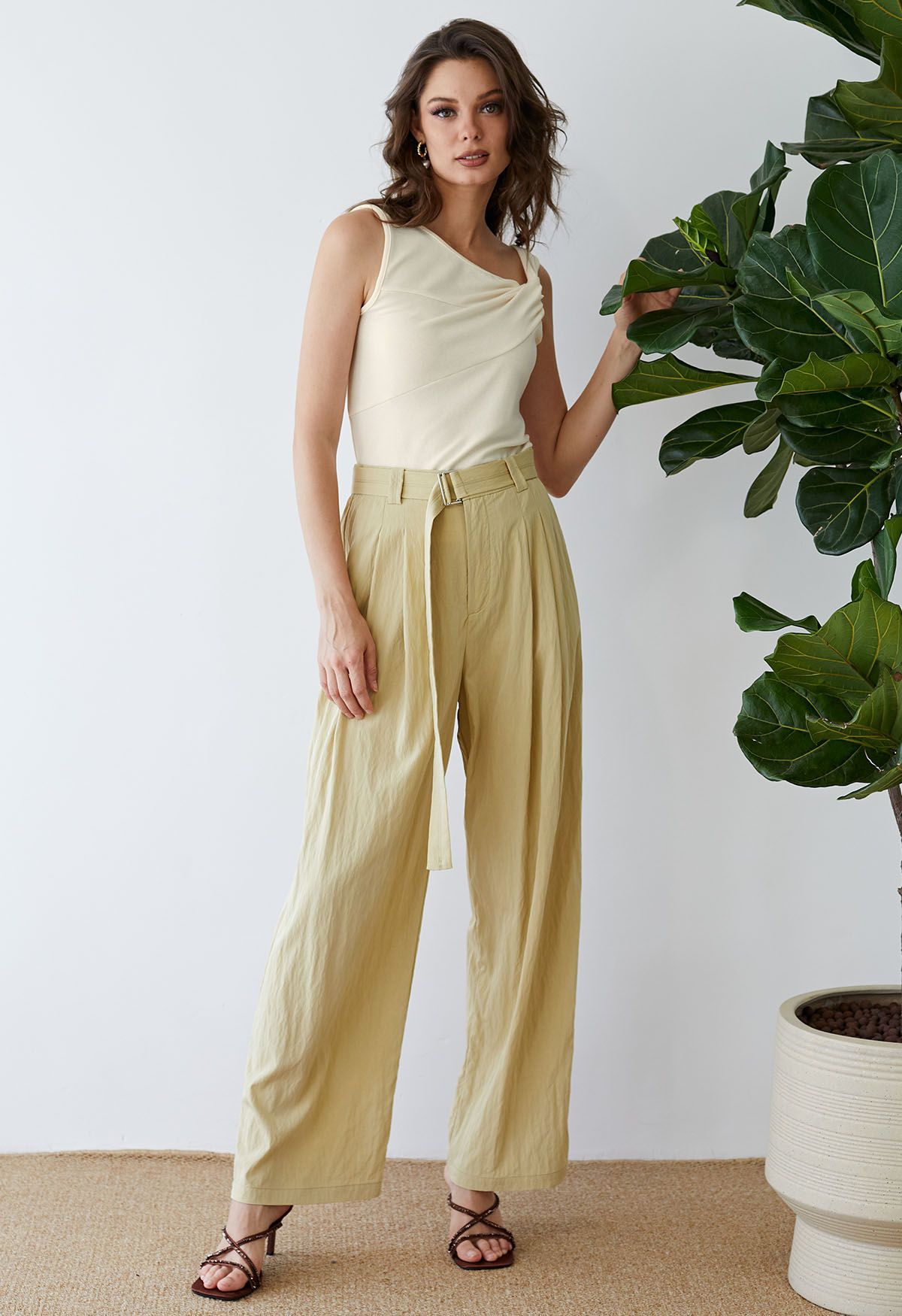 Drape Belt Side Pocket Straight-Leg Pants in Mustard