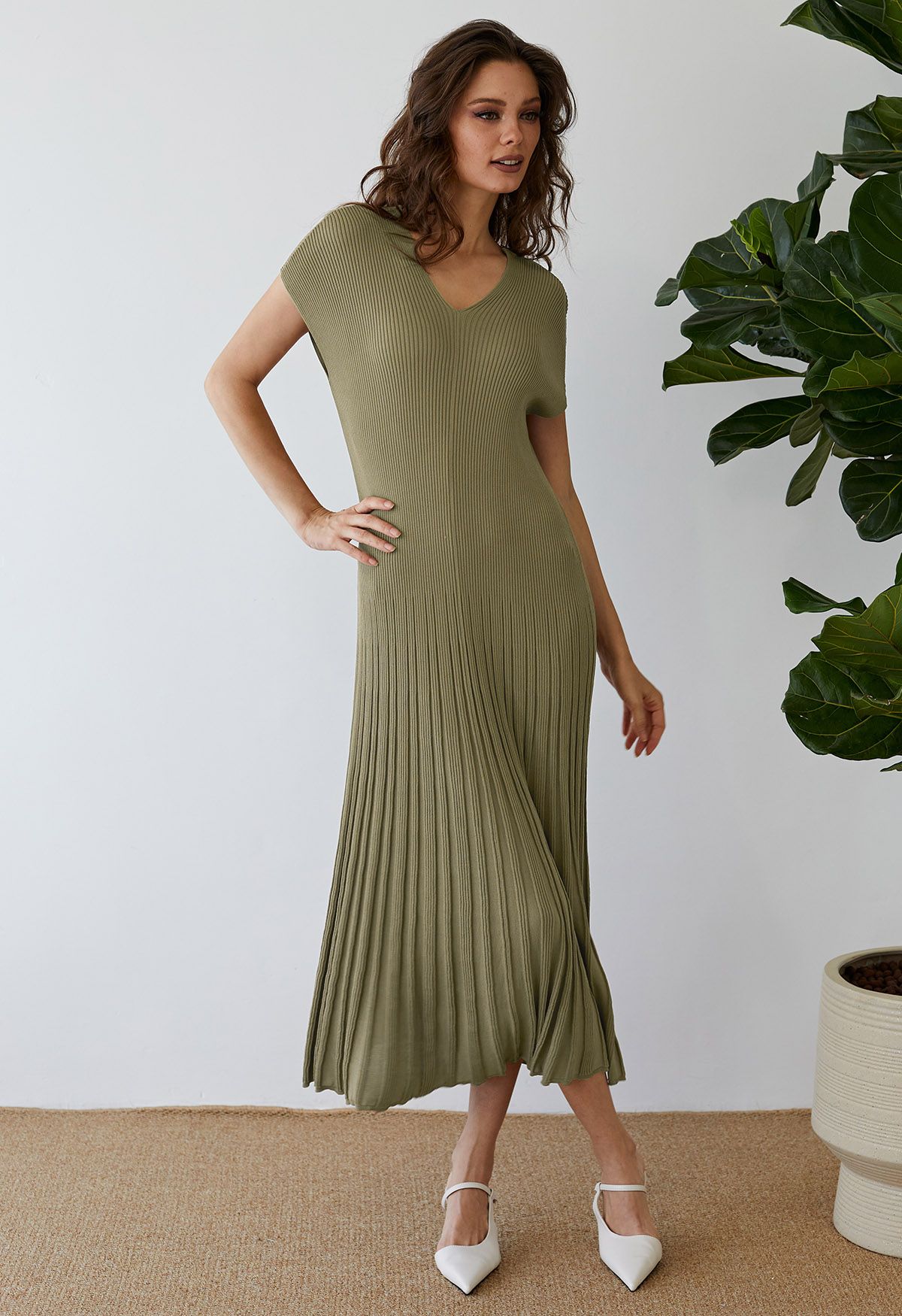 V-Neck Short-Sleeve Pleated Knit Dress in Olive