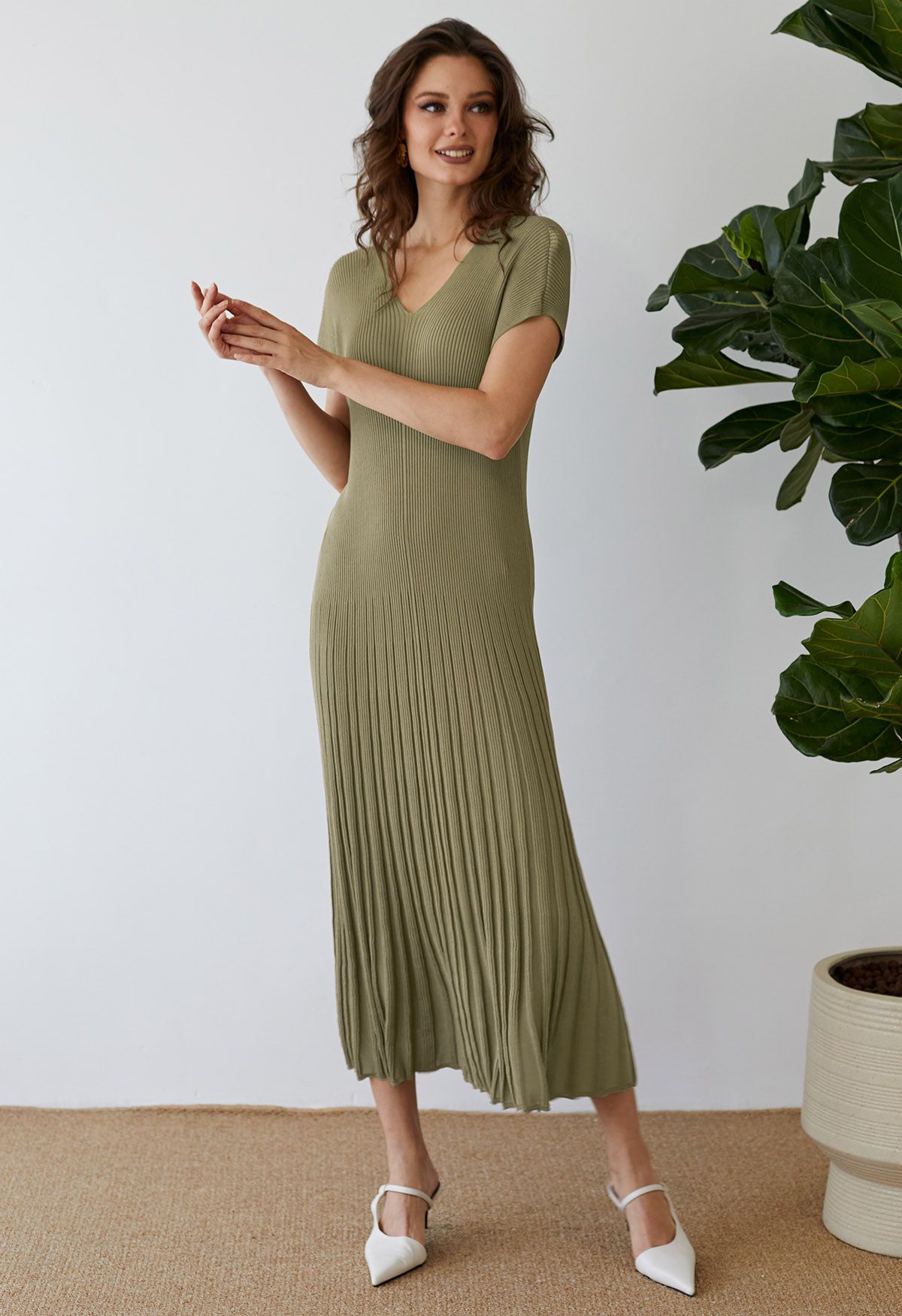 V-Neck Short-Sleeve Pleated Knit Dress in Olive