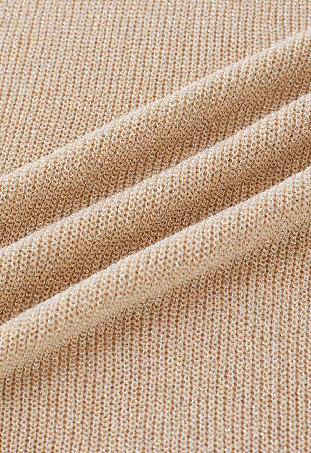 V-Neck Shimmer Knit Tank Top in Light Tan