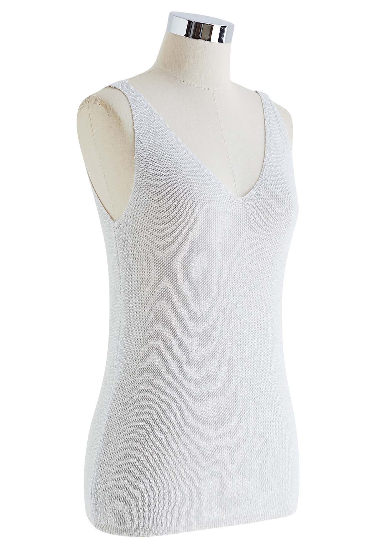 V-Neck Shimmer Knit Tank Top in Silver