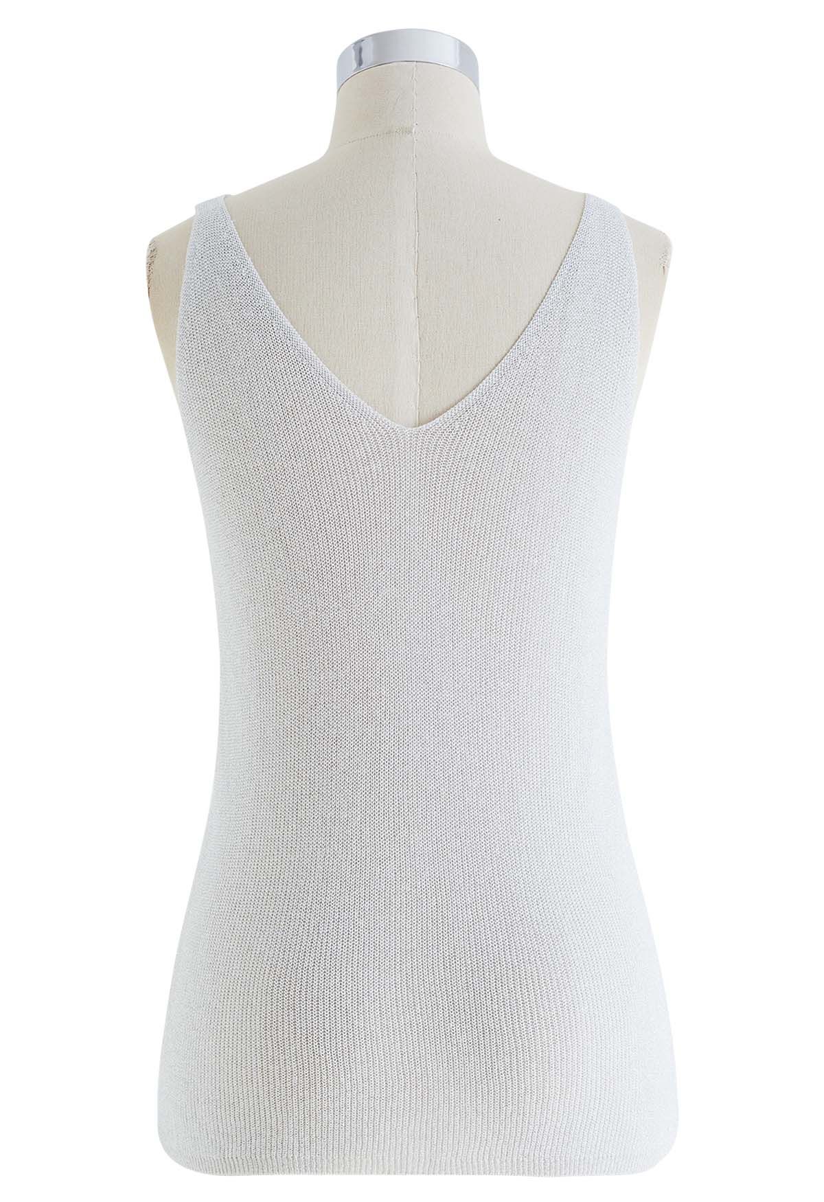 V-Neck Shimmer Knit Tank Top in Silver