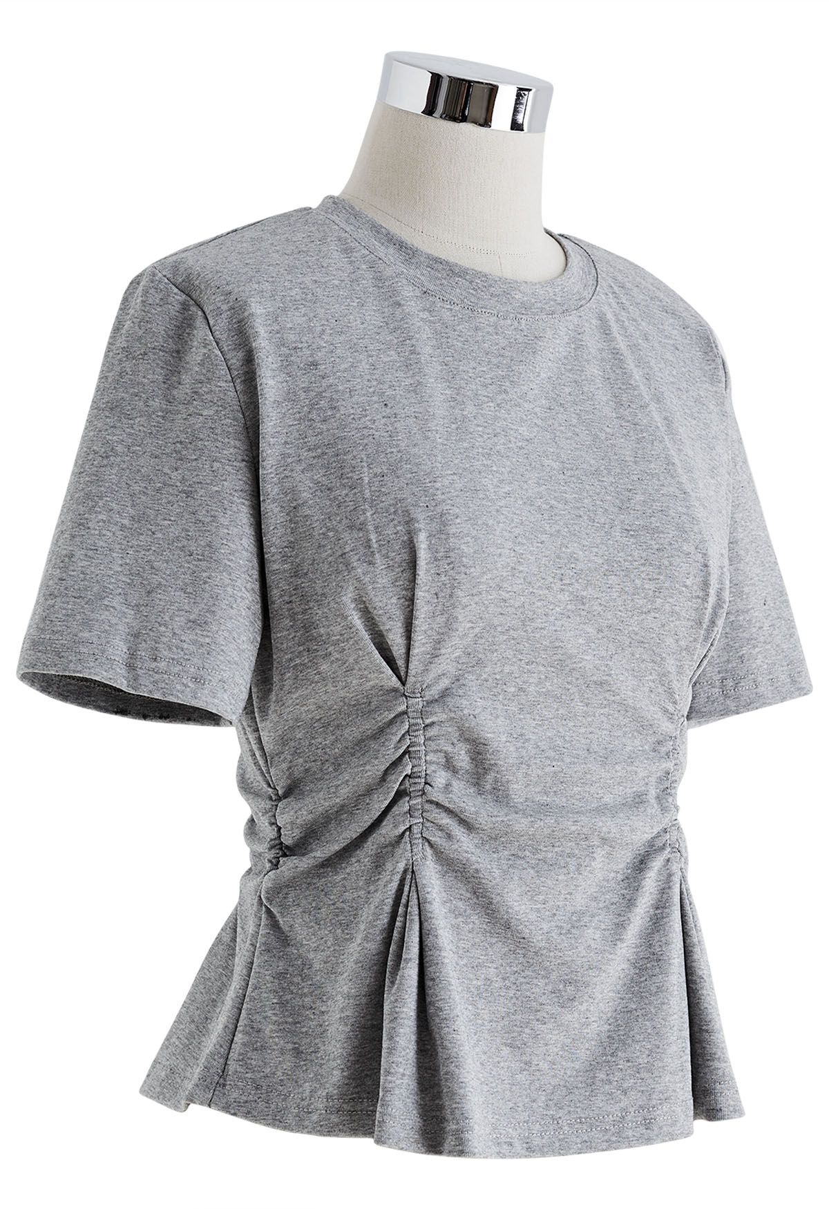Gathering Ruched Crew Neck T-Shirt in Grey