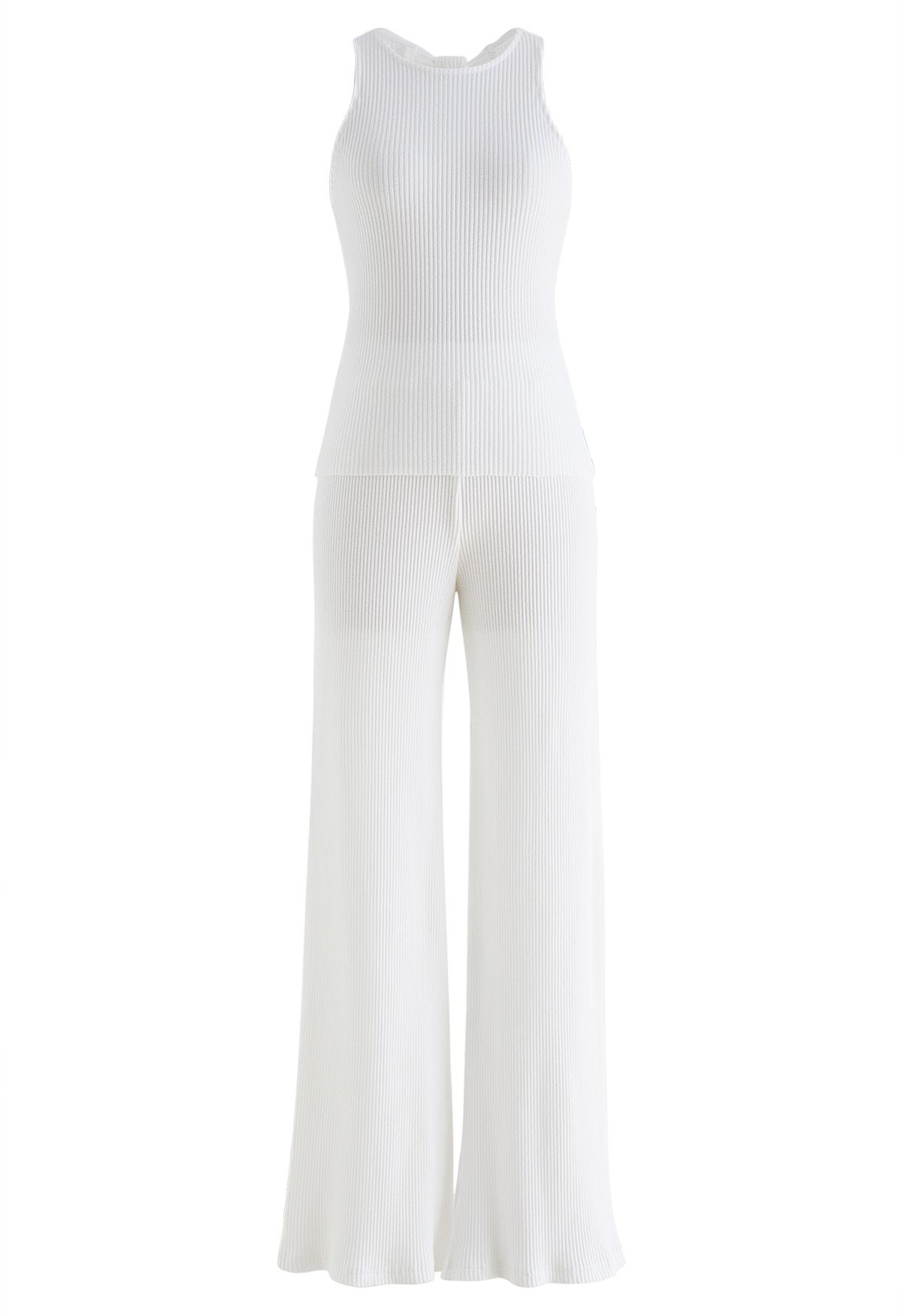Open Back Cotton Tank Top and Flare Pants Set in White