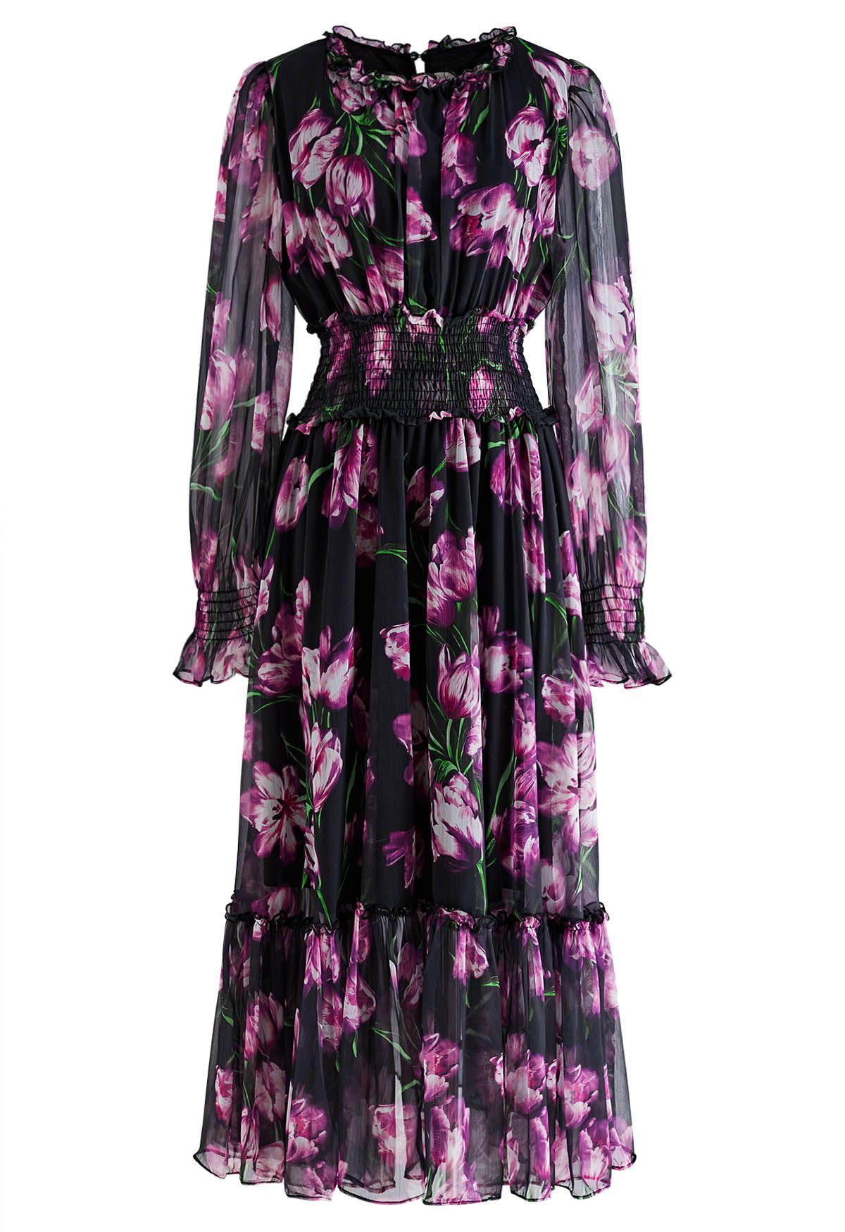 Violet Floral Shirred Waist Chiffon Dress