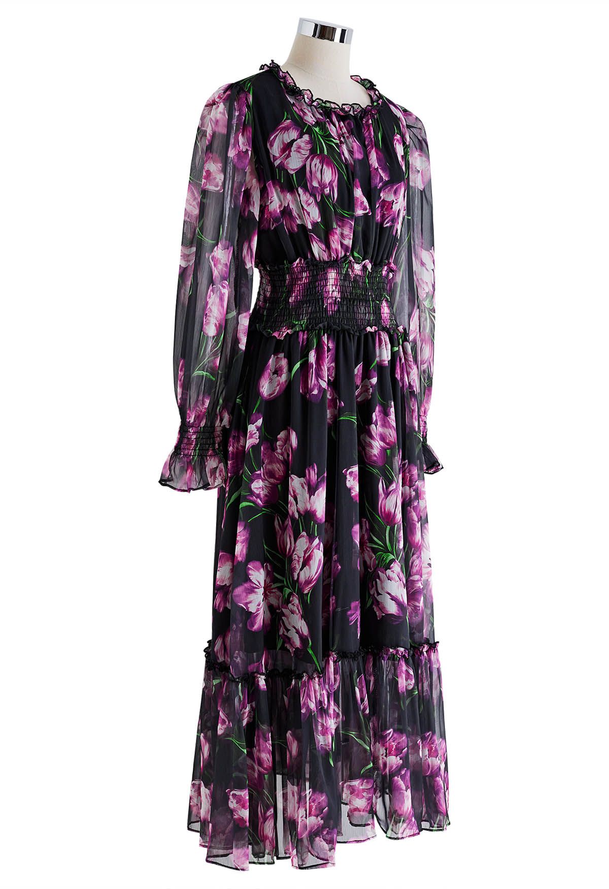 Violet Floral Shirred Waist Chiffon Dress