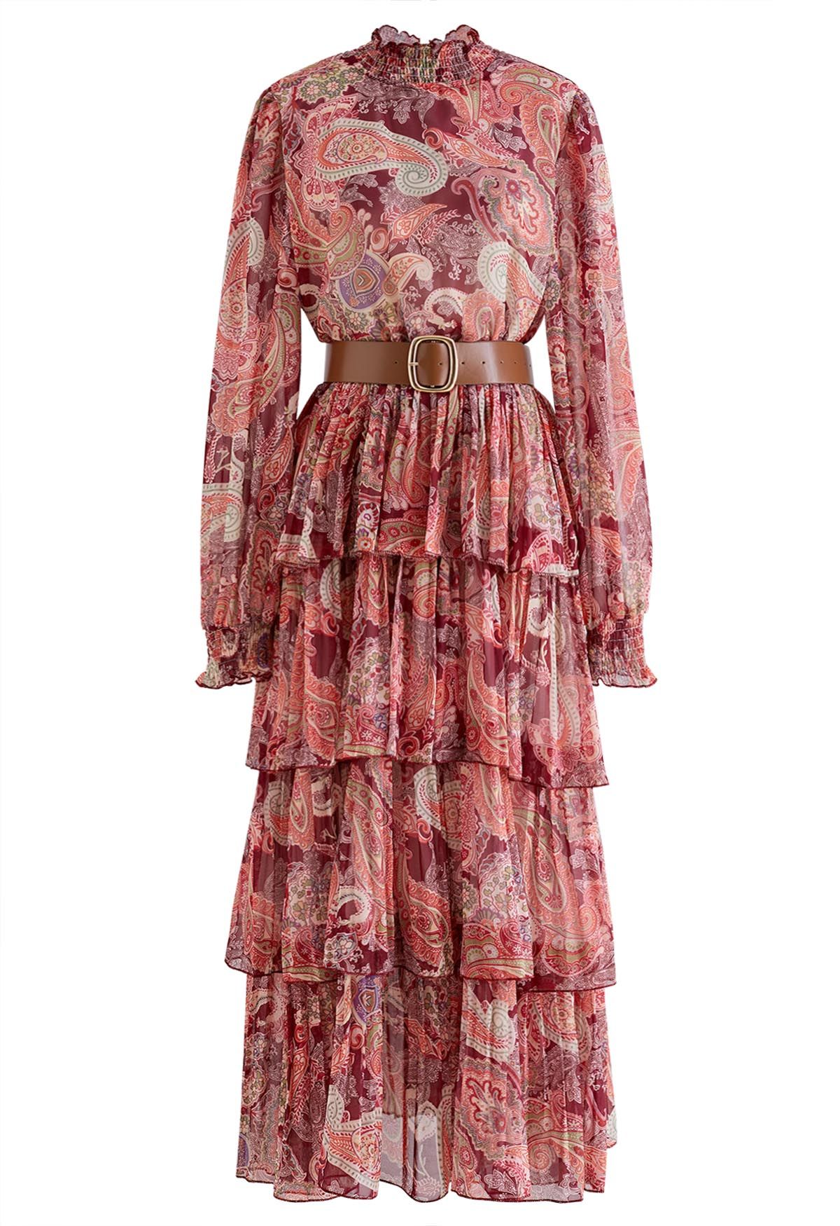 Paisley Printed Belted Tiered Chiffon Dress in Red