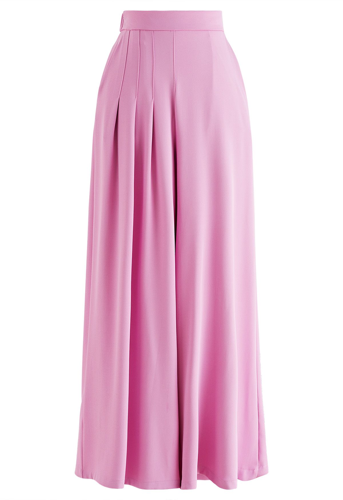 Asymmetric Pleated Chiffon Pull-On Wide-Leg Pants in Hot Pink