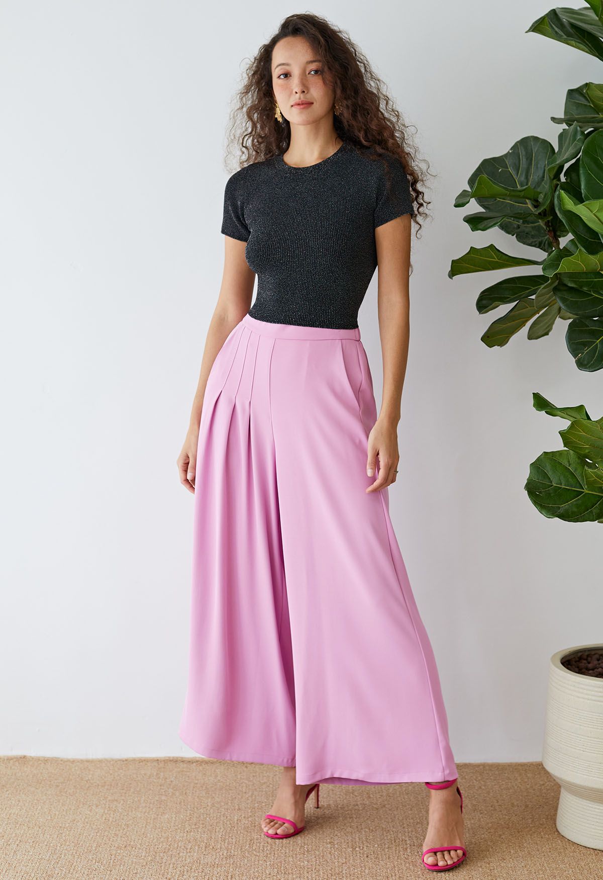 Asymmetric Pleated Chiffon Pull-On Wide-Leg Pants in Hot Pink