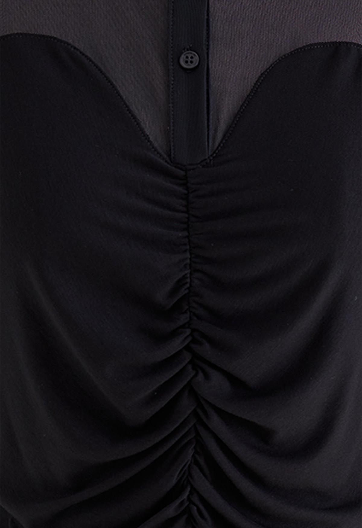 Pointed Collar Soft Mesh Spliced Ruched Top in Black