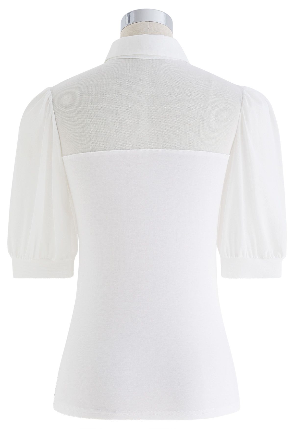 Pointed Collar Soft Mesh Spliced Ruched Top in White