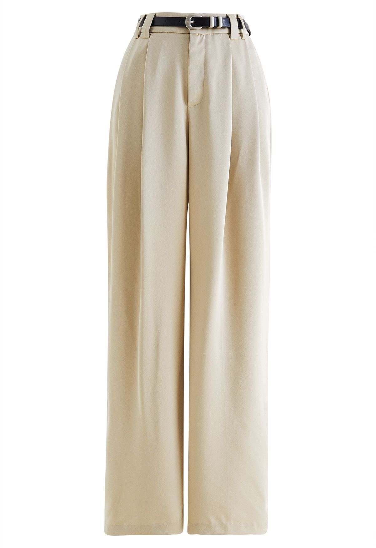 Satin Straight-Leg Pants with Faux Leather Belt in Champagne