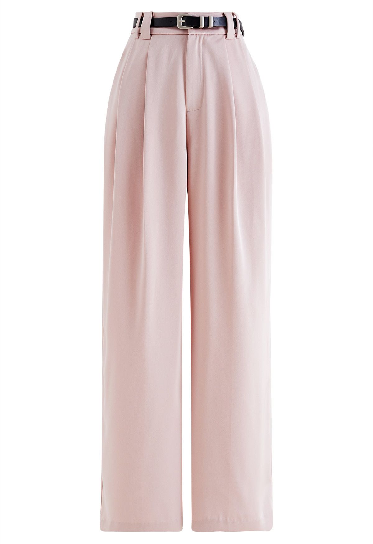 Satin Straight-Leg Pants with Faux Leather Belt in Pink