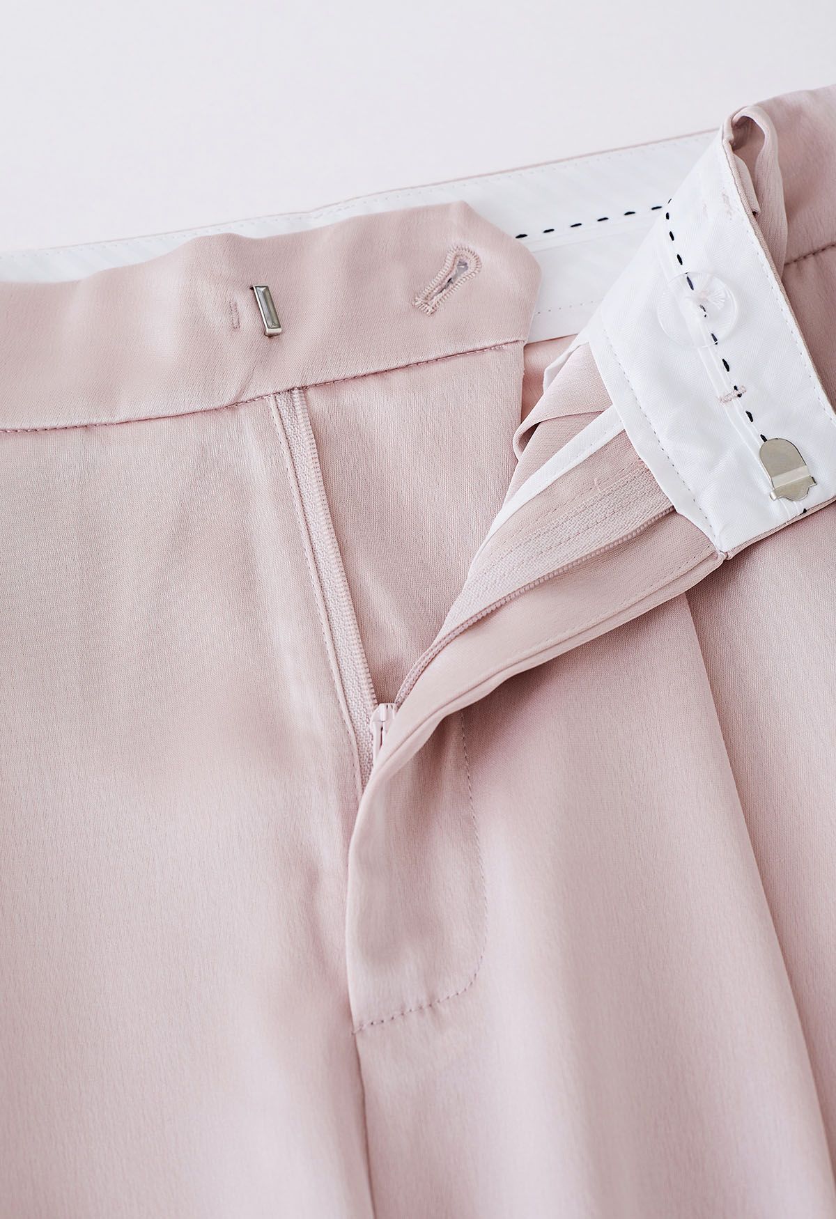 Satin Straight-Leg Pants with Faux Leather Belt in Pink