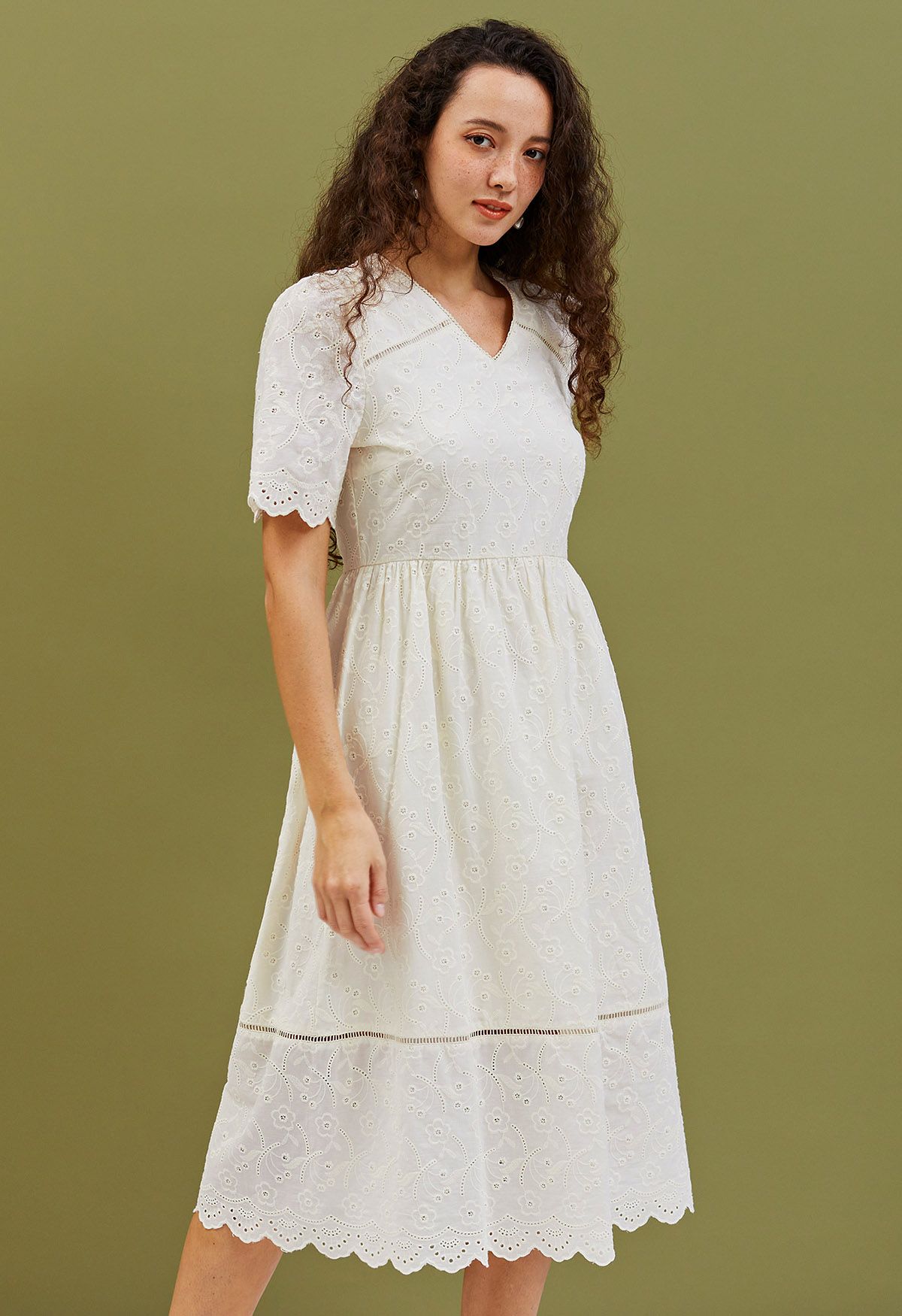 Flower Embroidered Eyelet Scallop Edge Midi Dress - Retro, Indie