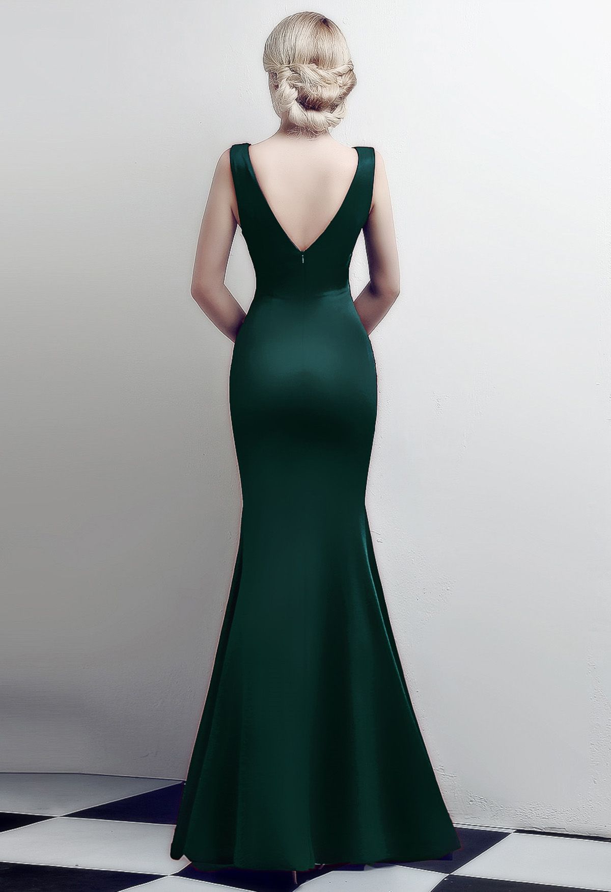 Shiny Rhinestone High Slit Mermaid Gown in Dark Green