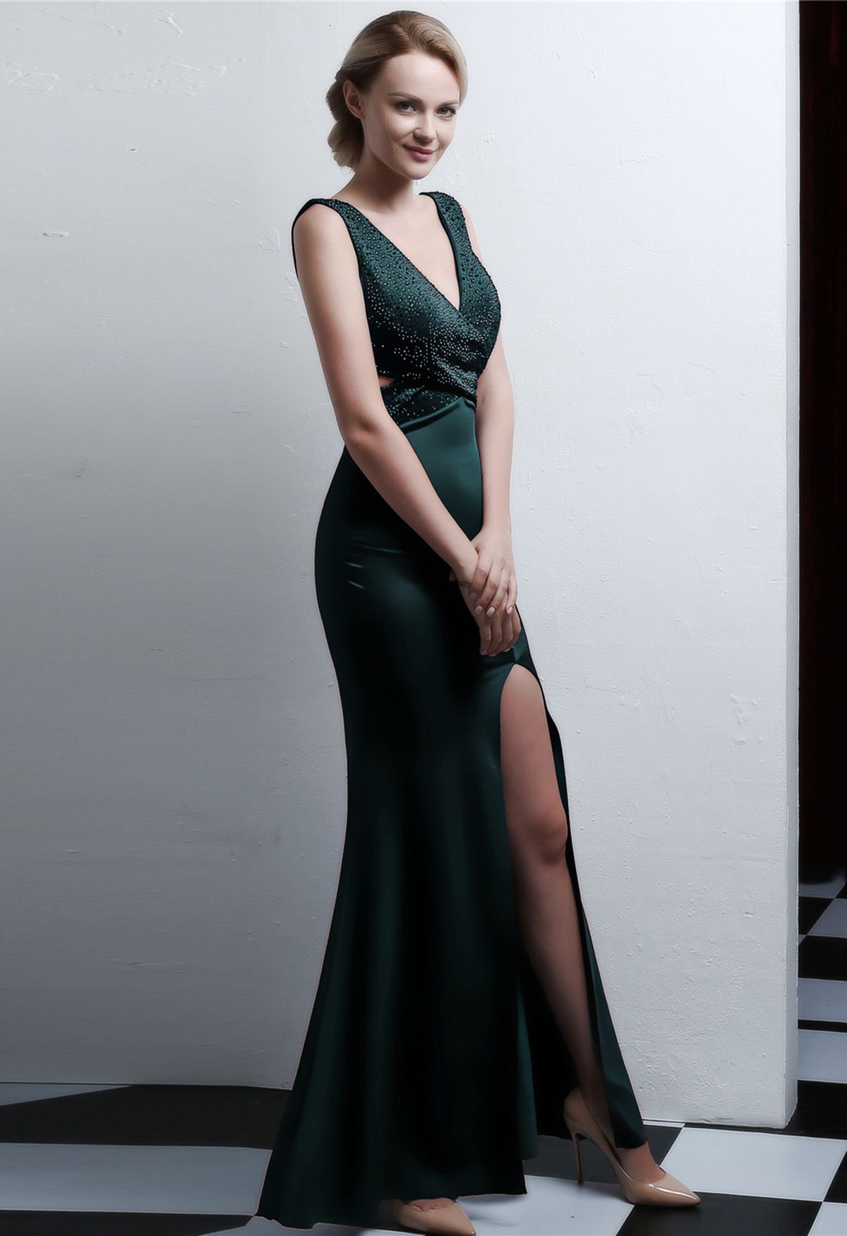 Shiny Rhinestone High Slit Mermaid Gown in Dark Green