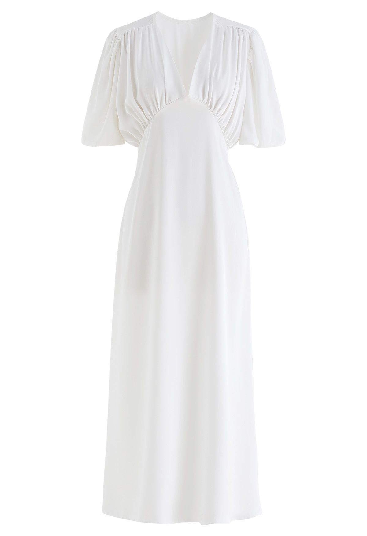 White Satin V Neck Midi Dress
