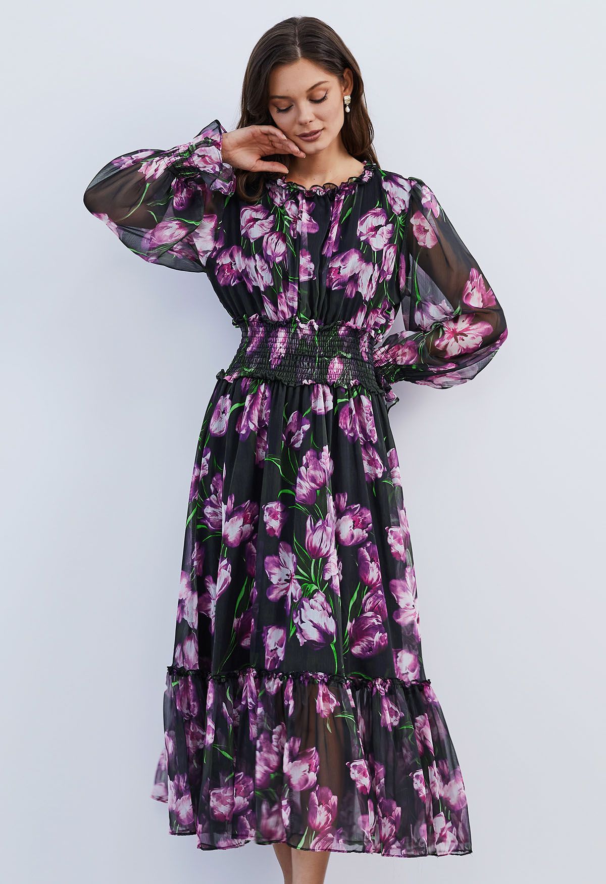 Violet Floral Shirred Waist Chiffon Dress